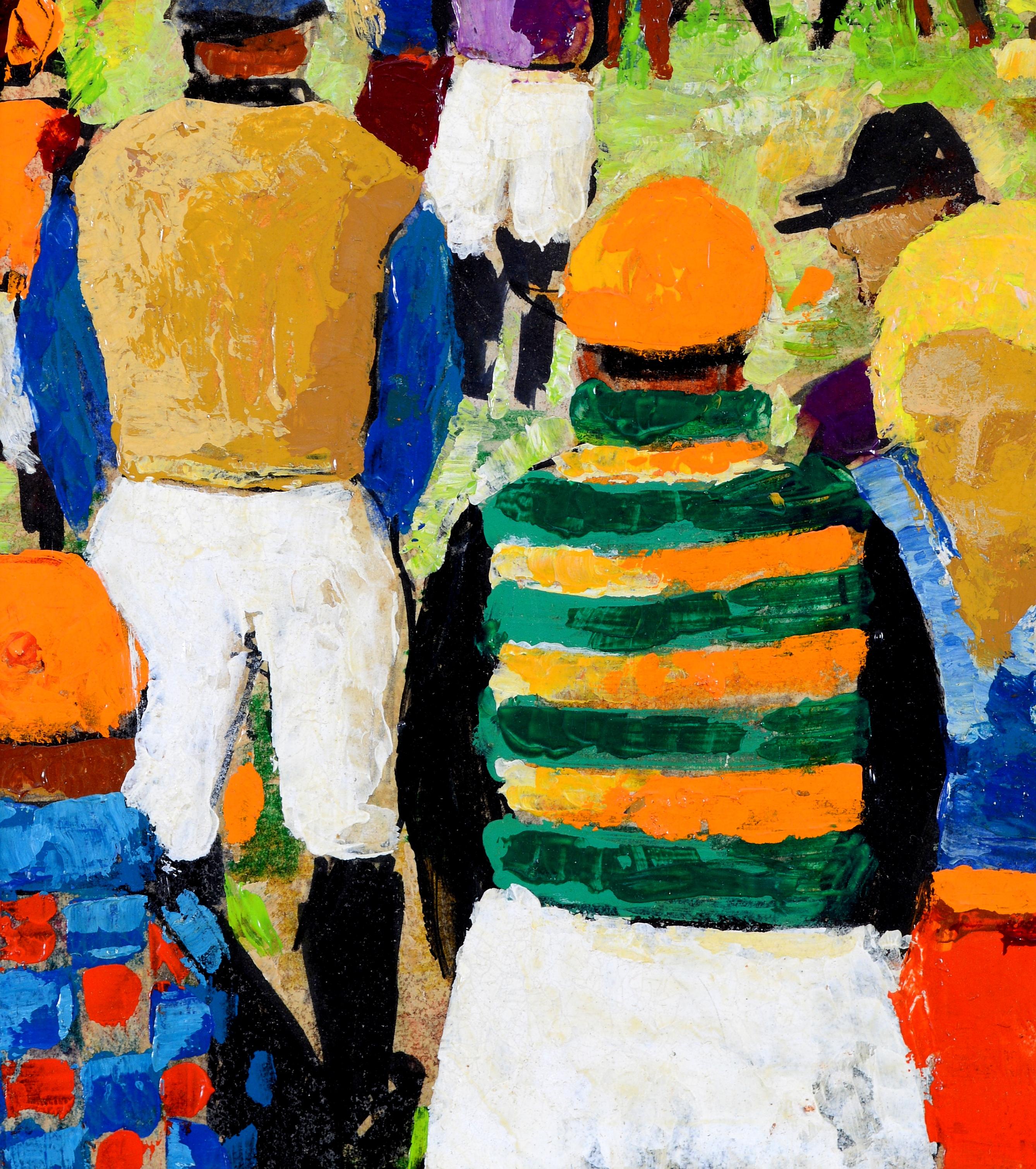 Jockeys bei den Rennen - Belgisches Pferderennen Ölgemälde aus der Mitte des 20. im Angebot 1