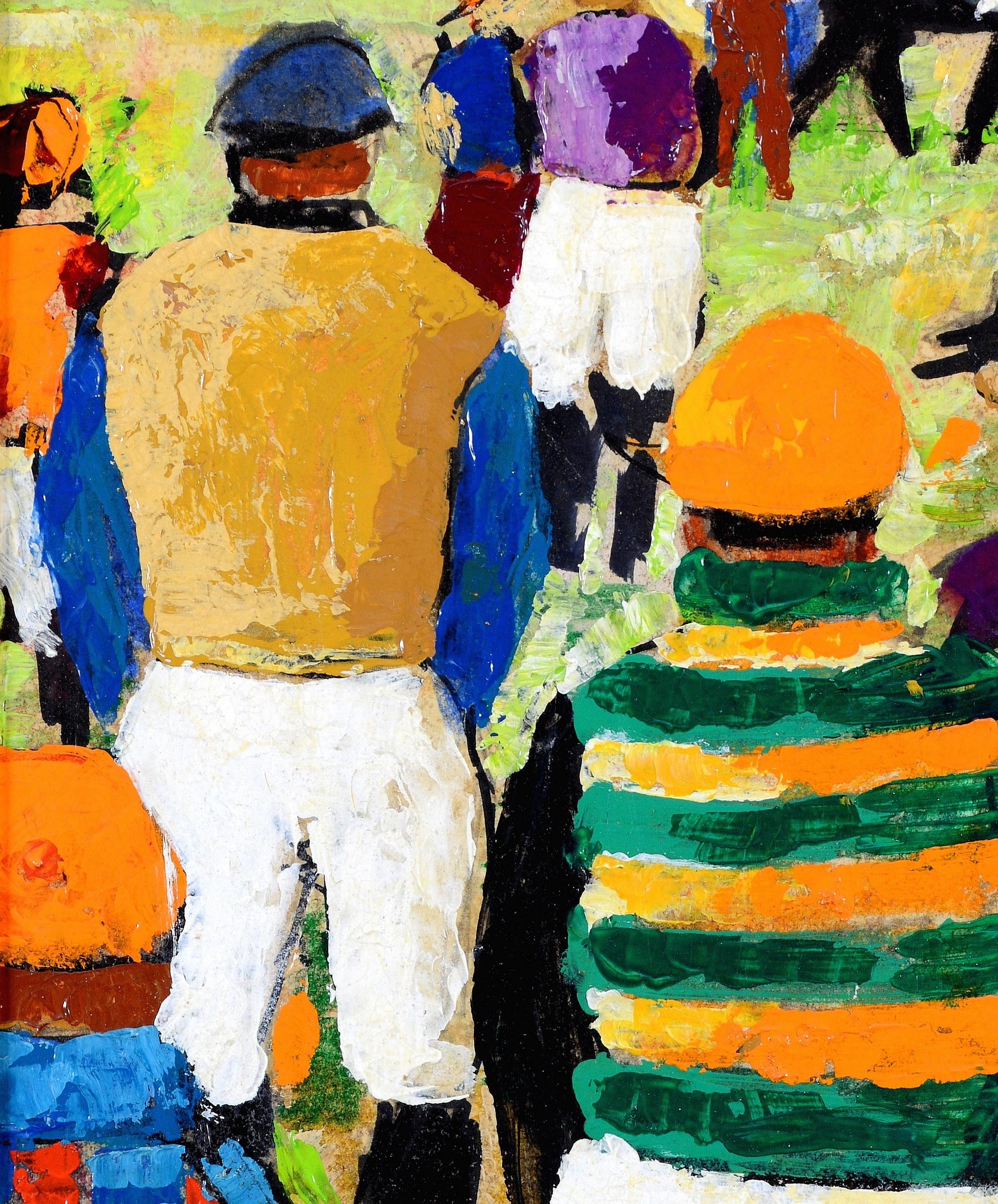 Jockeys bei den Rennen - Belgisches Pferderennen Ölgemälde aus der Mitte des 20. im Angebot 2