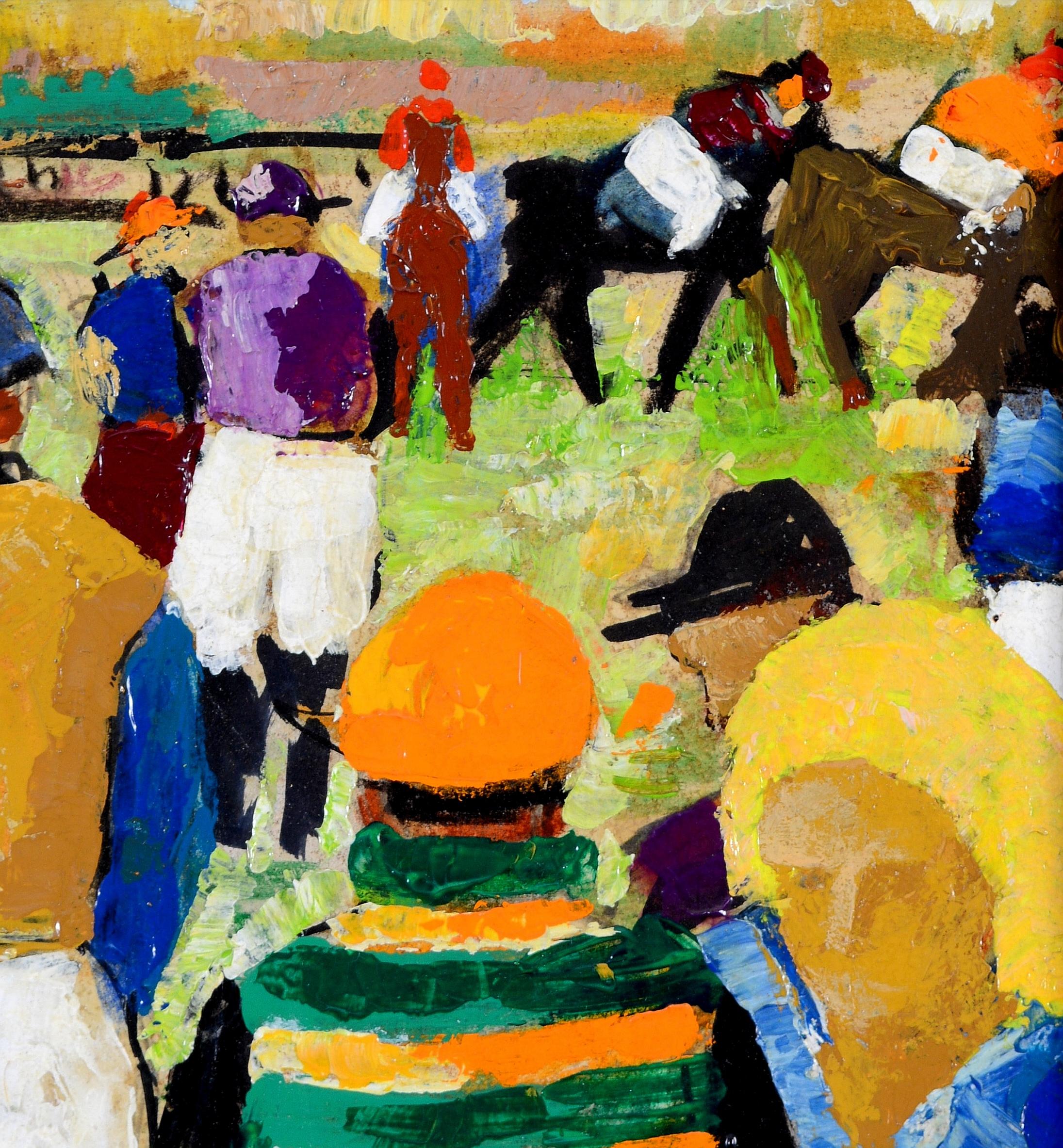 Jockeys bei den Rennen - Belgisches Pferderennen Ölgemälde aus der Mitte des 20. im Angebot 3