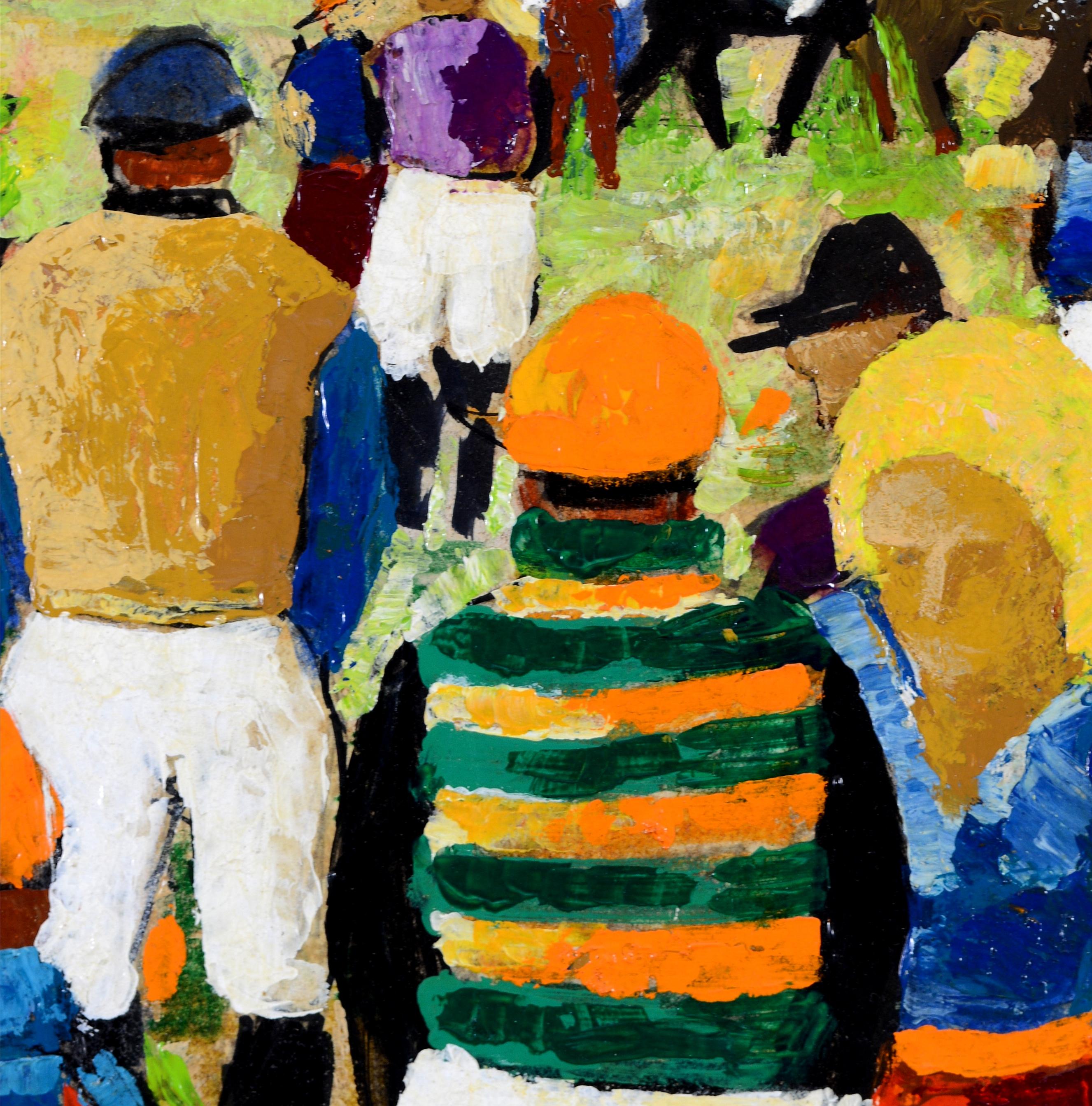 Jockeys bei den Rennen - Belgisches Pferderennen Ölgemälde aus der Mitte des 20. im Angebot 4