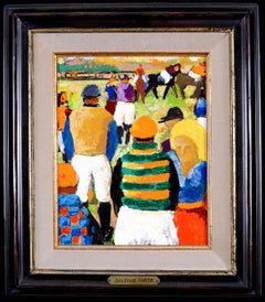 Jockeys aux courses - Peinture à l'huile sur les courses de chevaux en Belgique au milieu du 20e siècle