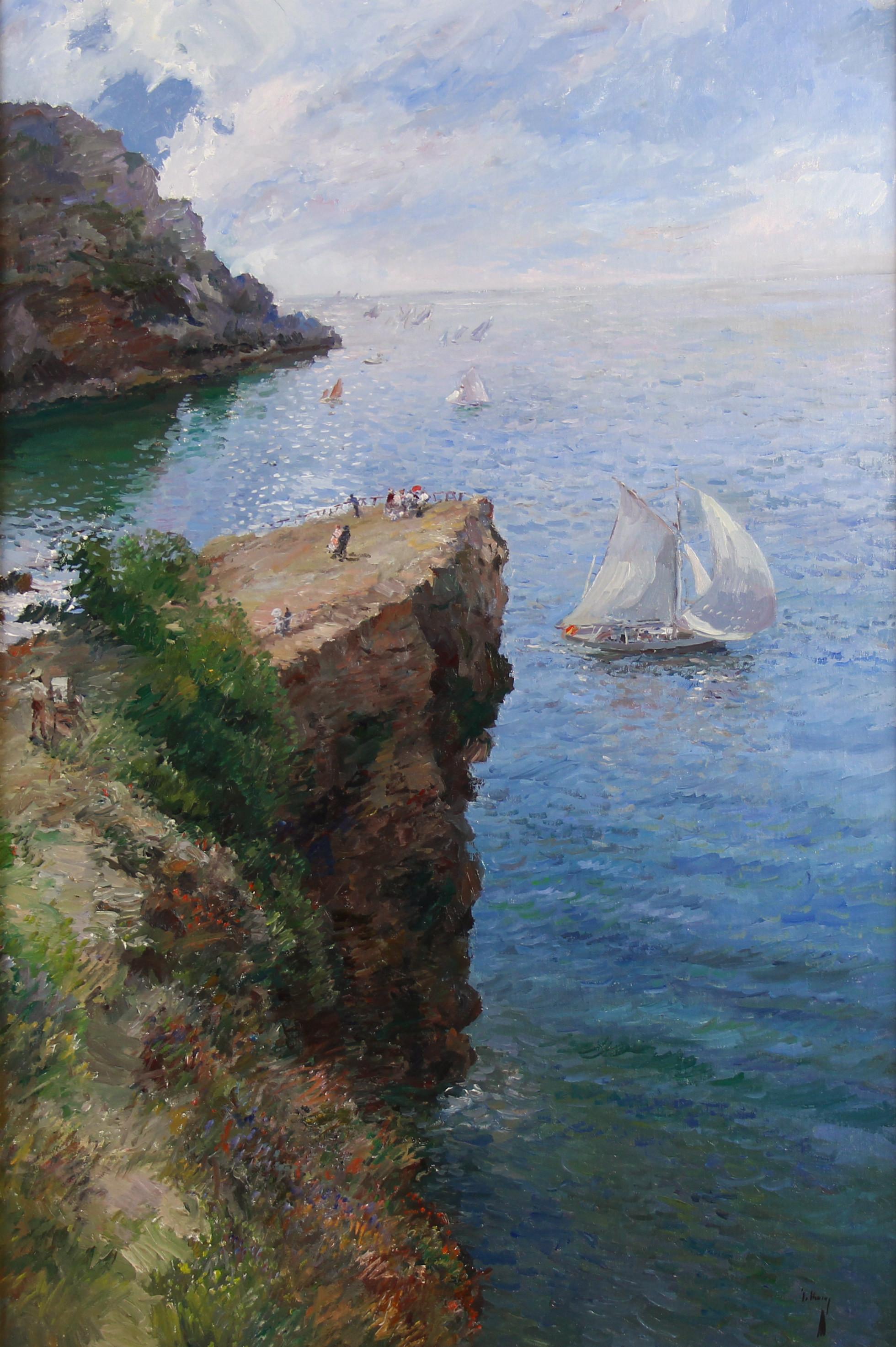 Óleo Sobre Lienzo En Panel, Vista Mediterránea Con Velero Y Acantilados - Painting de José Galindo
