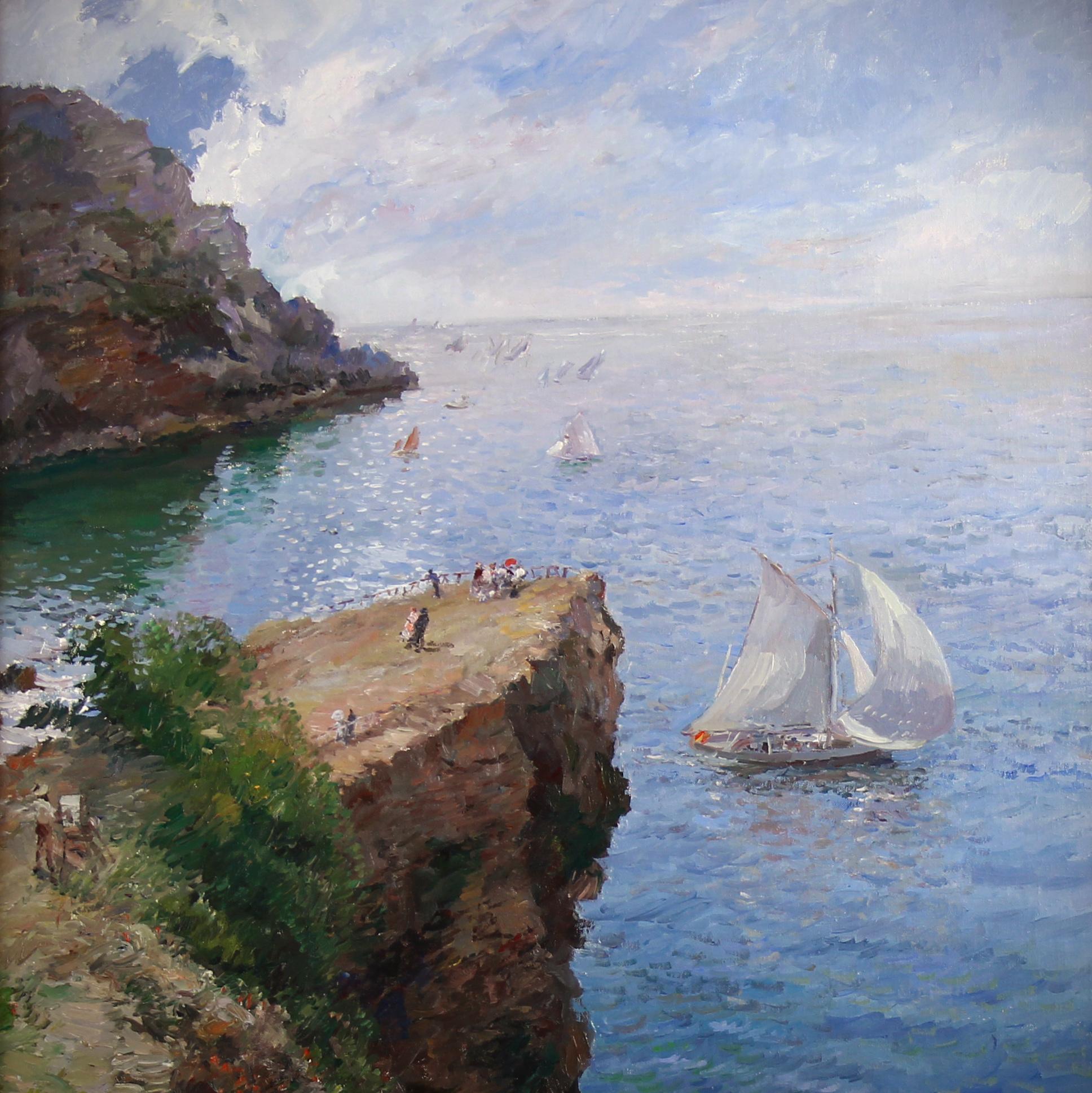 Óleo Sobre Lienzo En Panel, Vista Mediterránea Con Velero Y Acantilados - Painting Impresionista de José Galindo