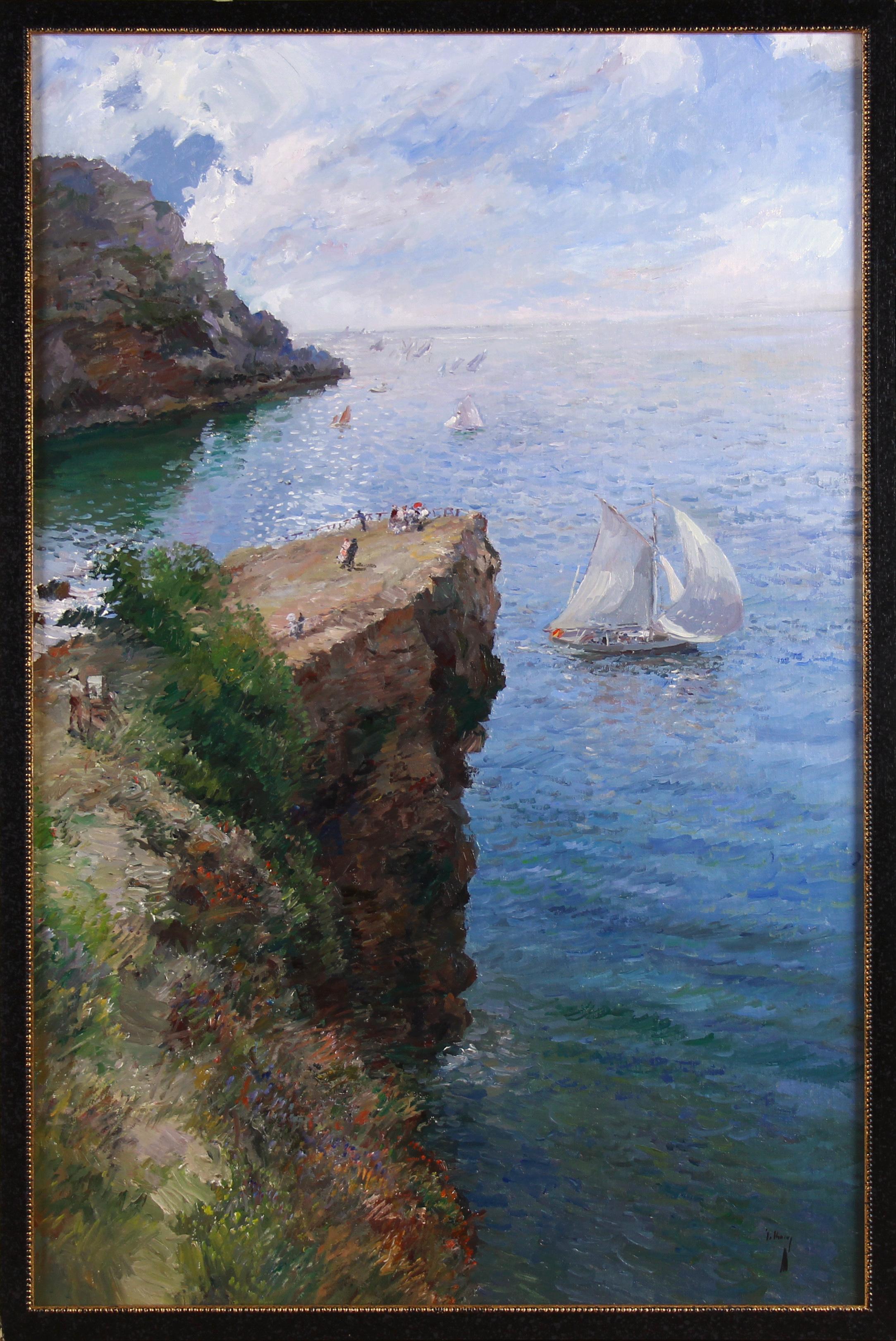 Olio su tela su pannello, vista mediterranea con barca a vela e scogliere