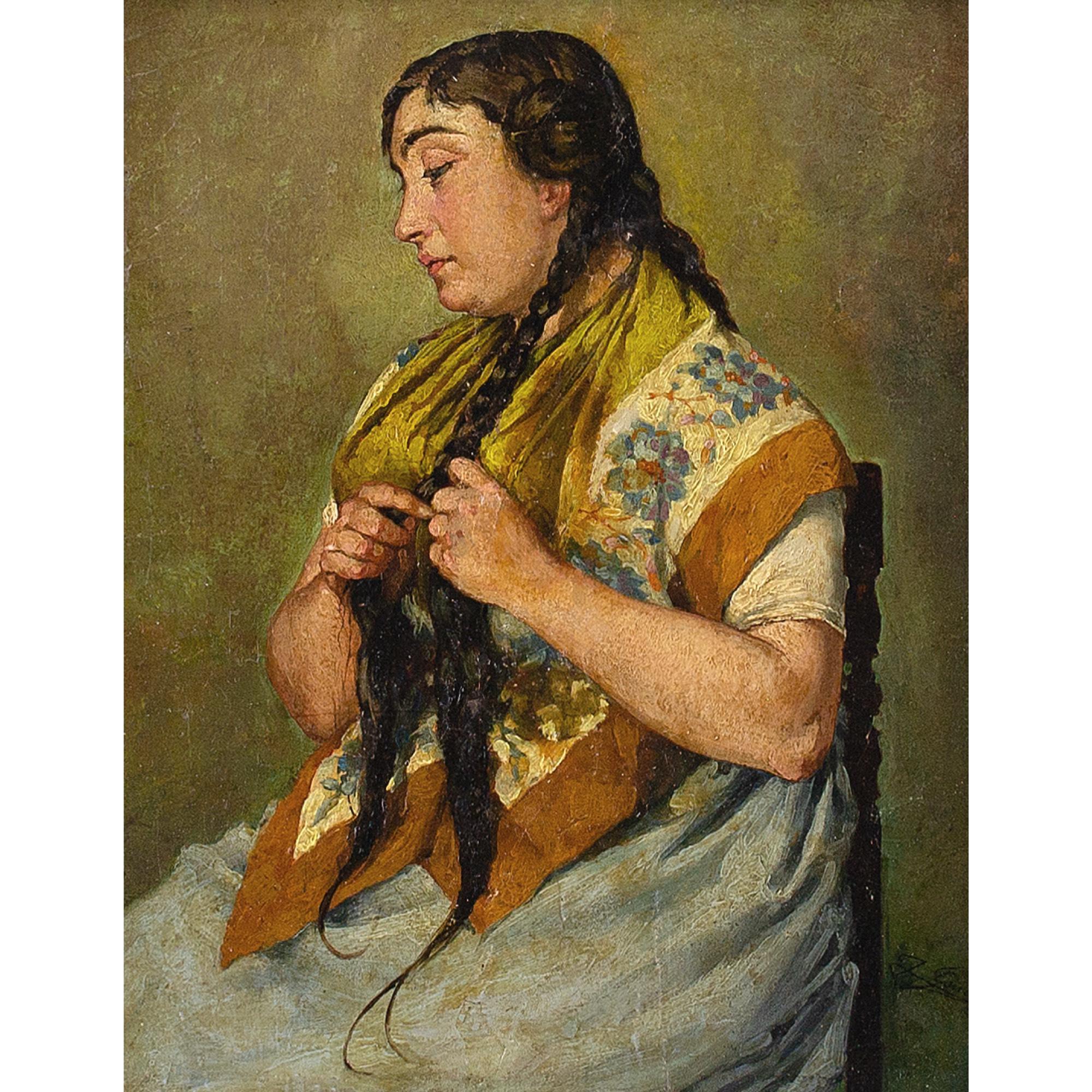 This early 20th-century oil painting by Spanish artist José Genovés Llansol (1850-1930) depicts a seated woman from Valencia.

Llansol sought to capture the sights, sounds and flamboyance of a City he adored. Rich tones dominate his sun-drenched