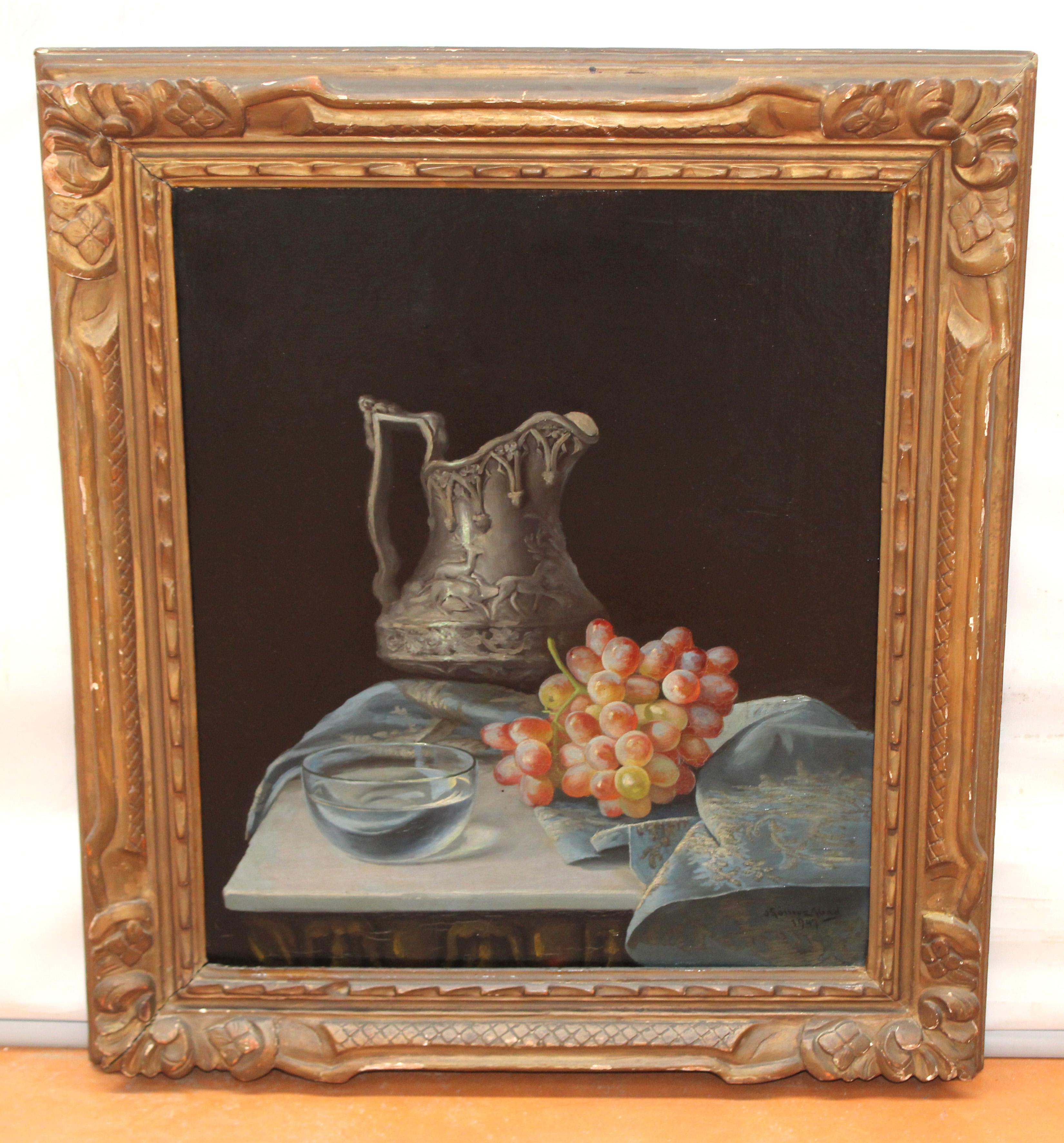 Bodegón de uvas y jarra - Óleo sobre tela - Año 1947 - Painting by  José Gómez Abad