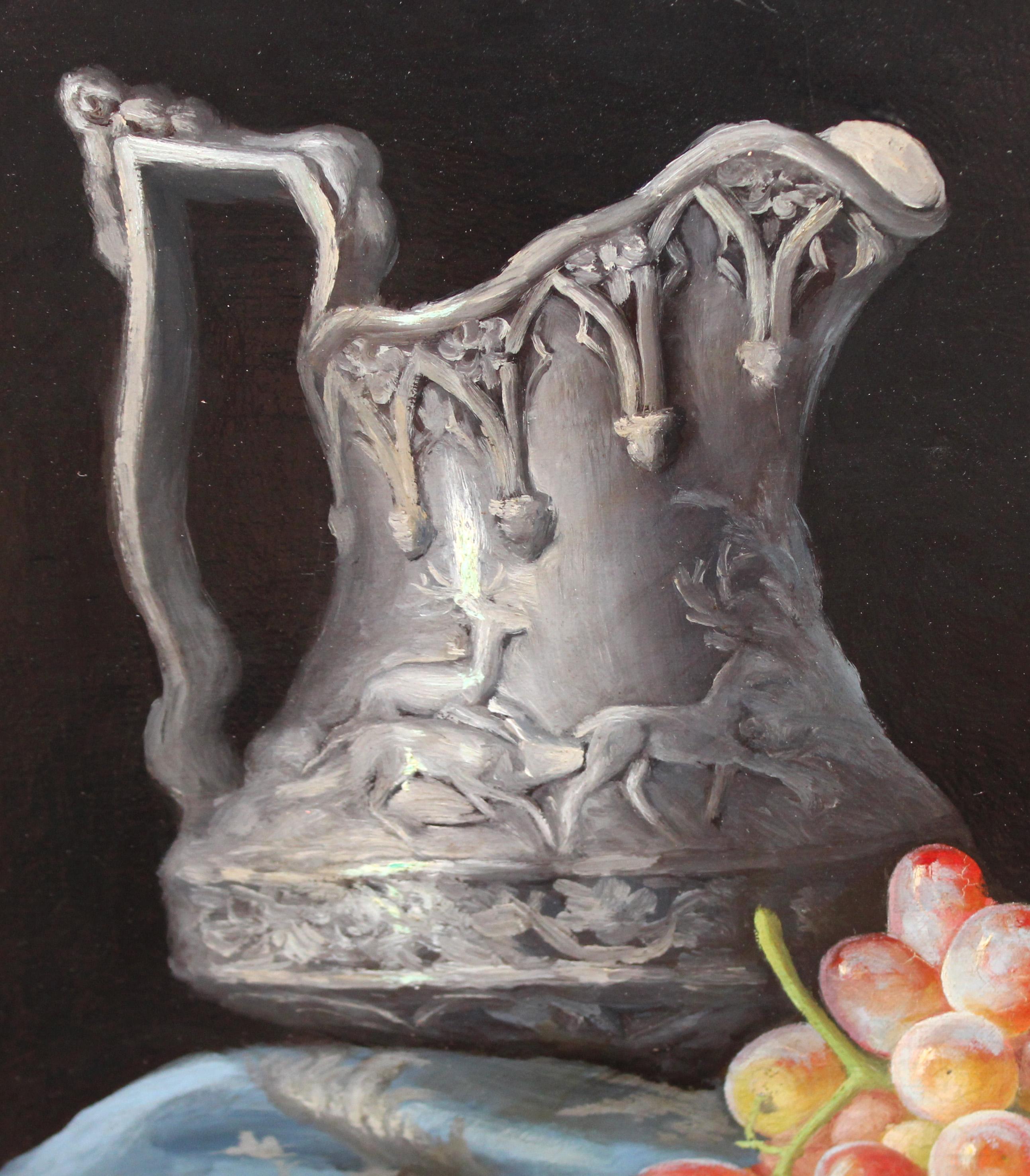 Bodegón de uvas y jarra - Óleo sobre tela - Año 1947 - Black Still-Life Painting by  José Gómez Abad