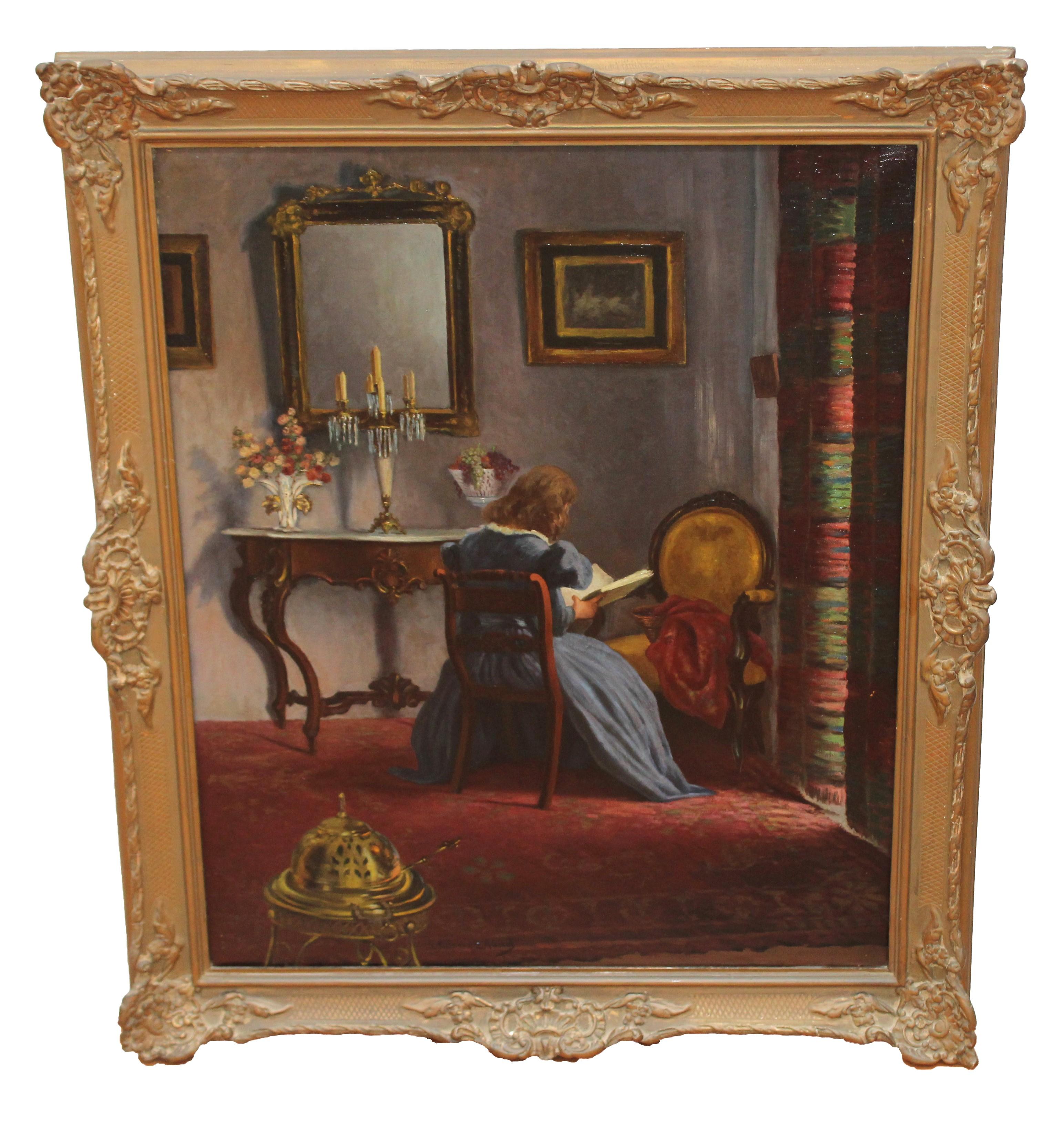 José Gómez Abad Interior Painting – Óleo sobre tela - Tranquilidad victoriana