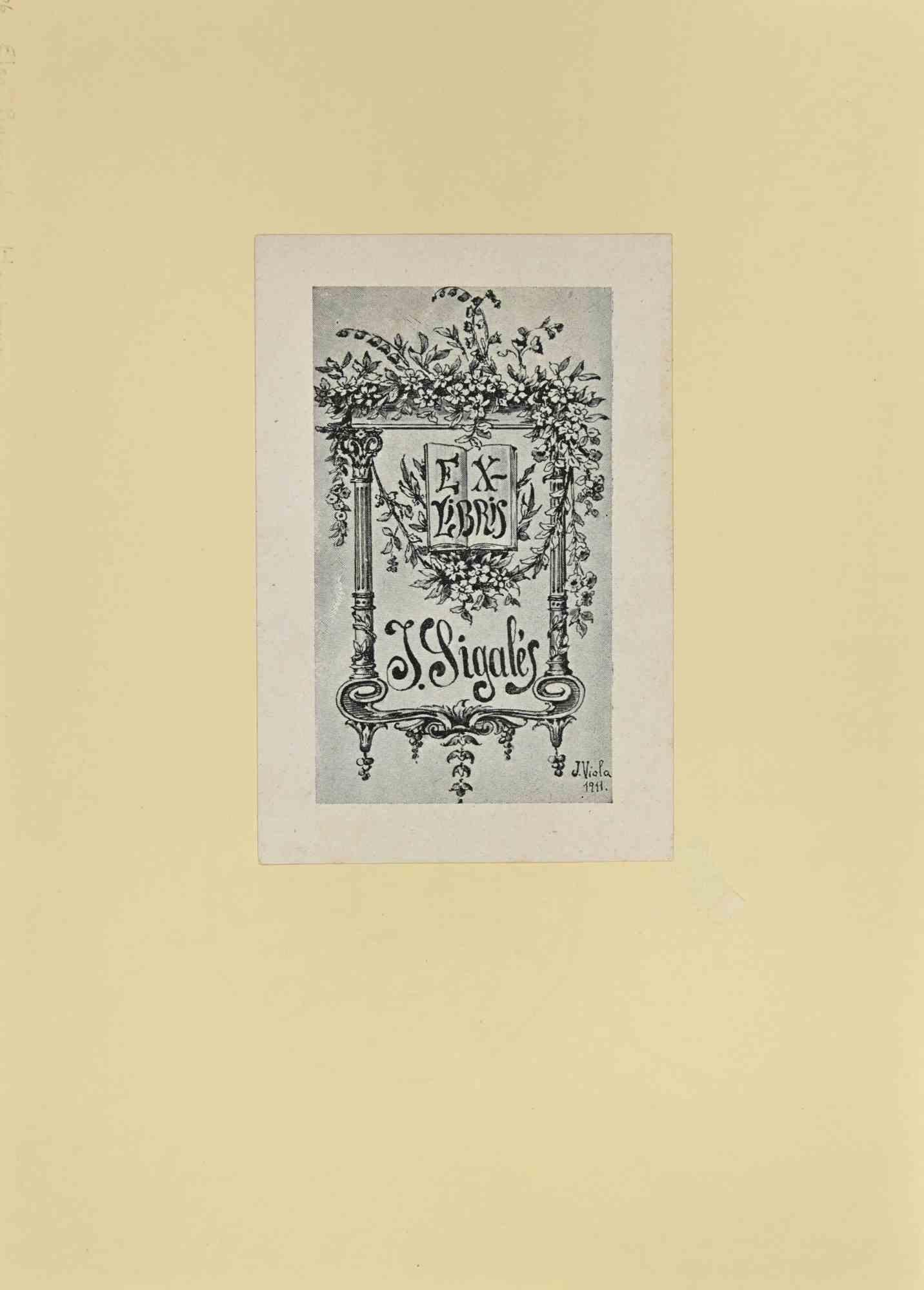 Ex Libris - J. Sigale's ist ein modernes Kunstwerk in 1911 s. von José (Josepe) Viola realisiert.
 
Ex Libris. S/W-Holzschnitt auf Papier. 
 
Das Werk ist auf elfenbeinfarbenen Karton geklebt. Signiert auf der Platte und datiert am rechten Rand
