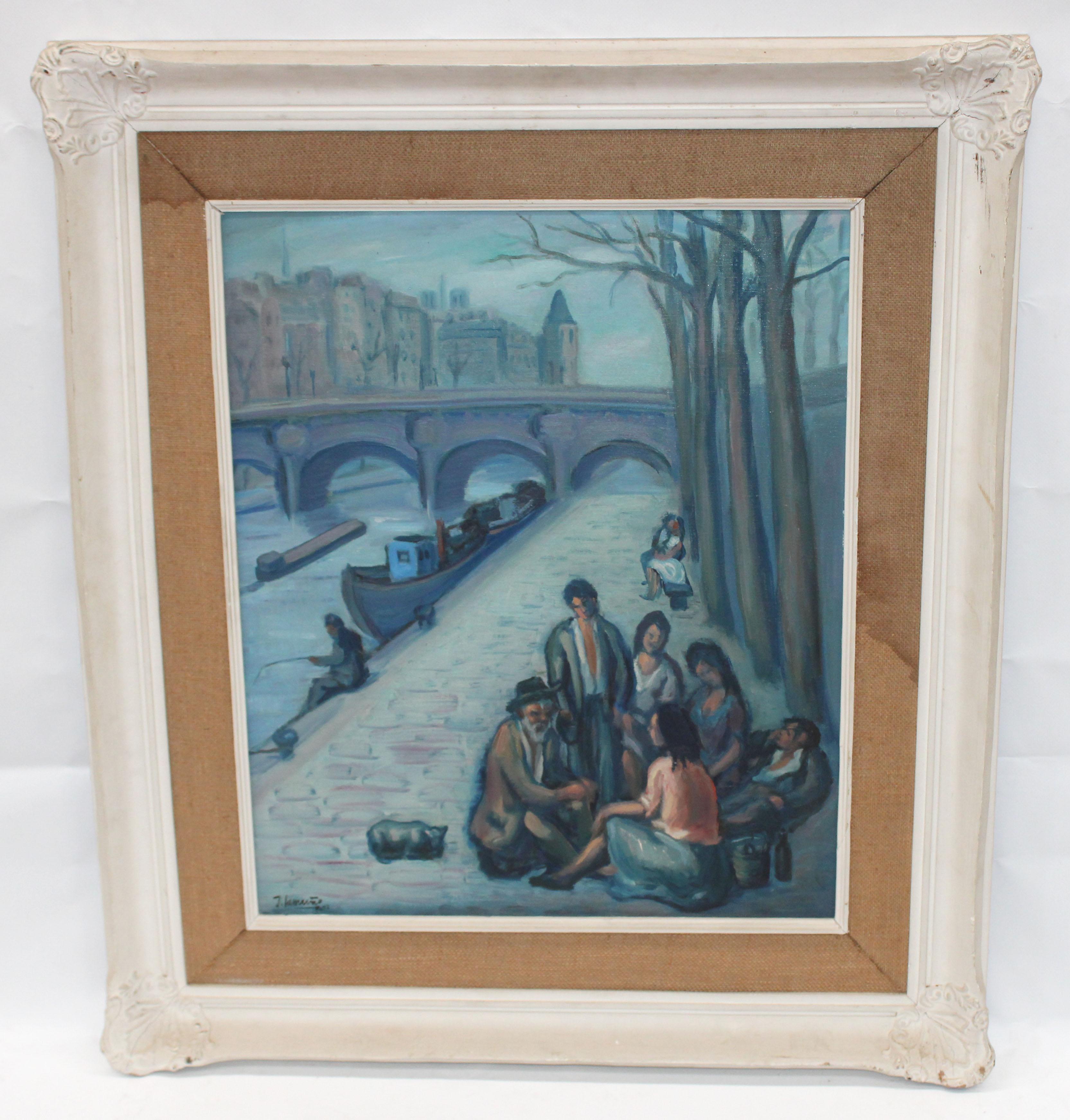 Vagabundos junto al río Sena (París) - Óleo sobre tela - - Painting de José Lamuño García