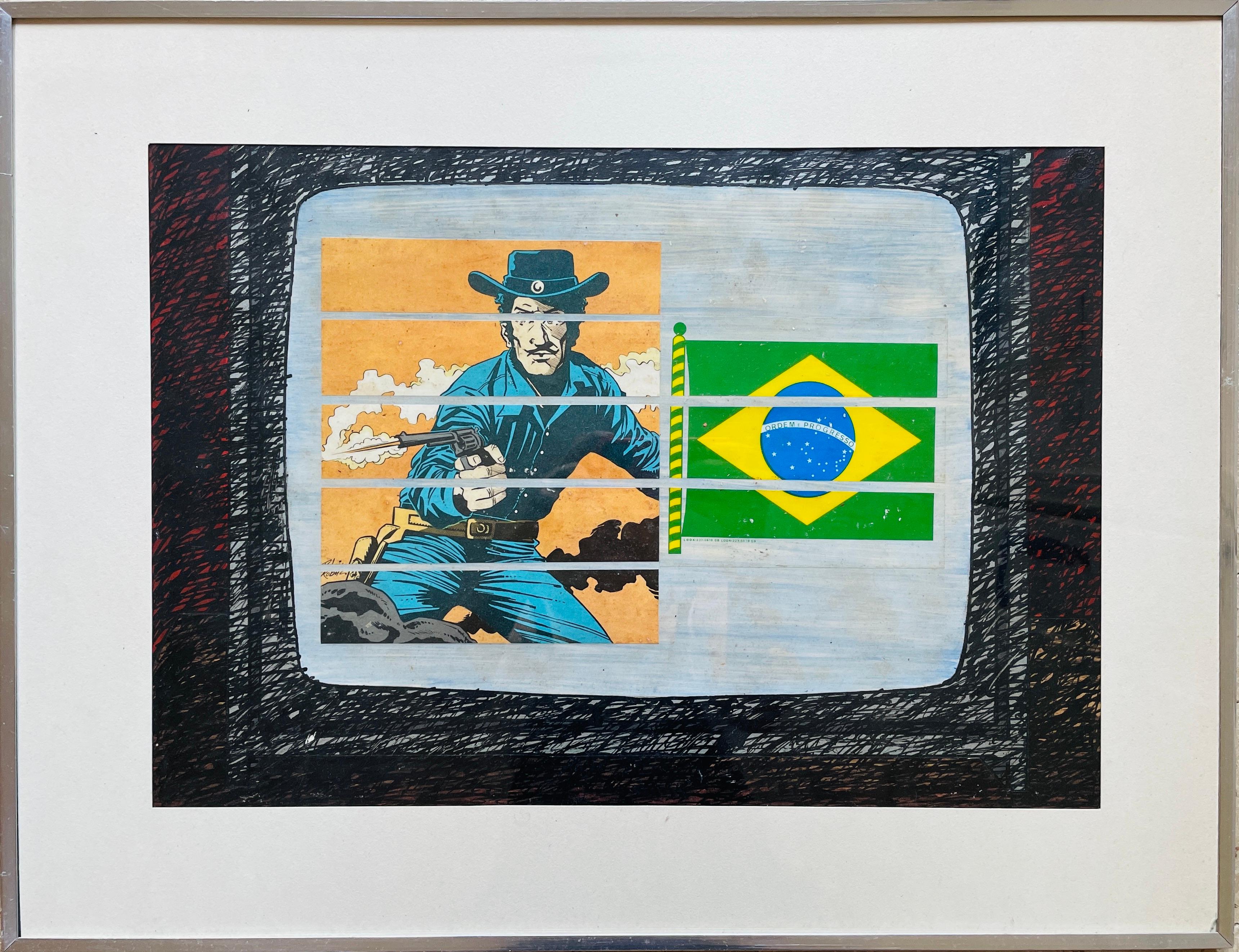 1970
s Brazilian Pop Culture Mixed Media Flag TV Cowboy Mixed Media Advertising - Mixed Media Art by José Luis Benício da Fonseca