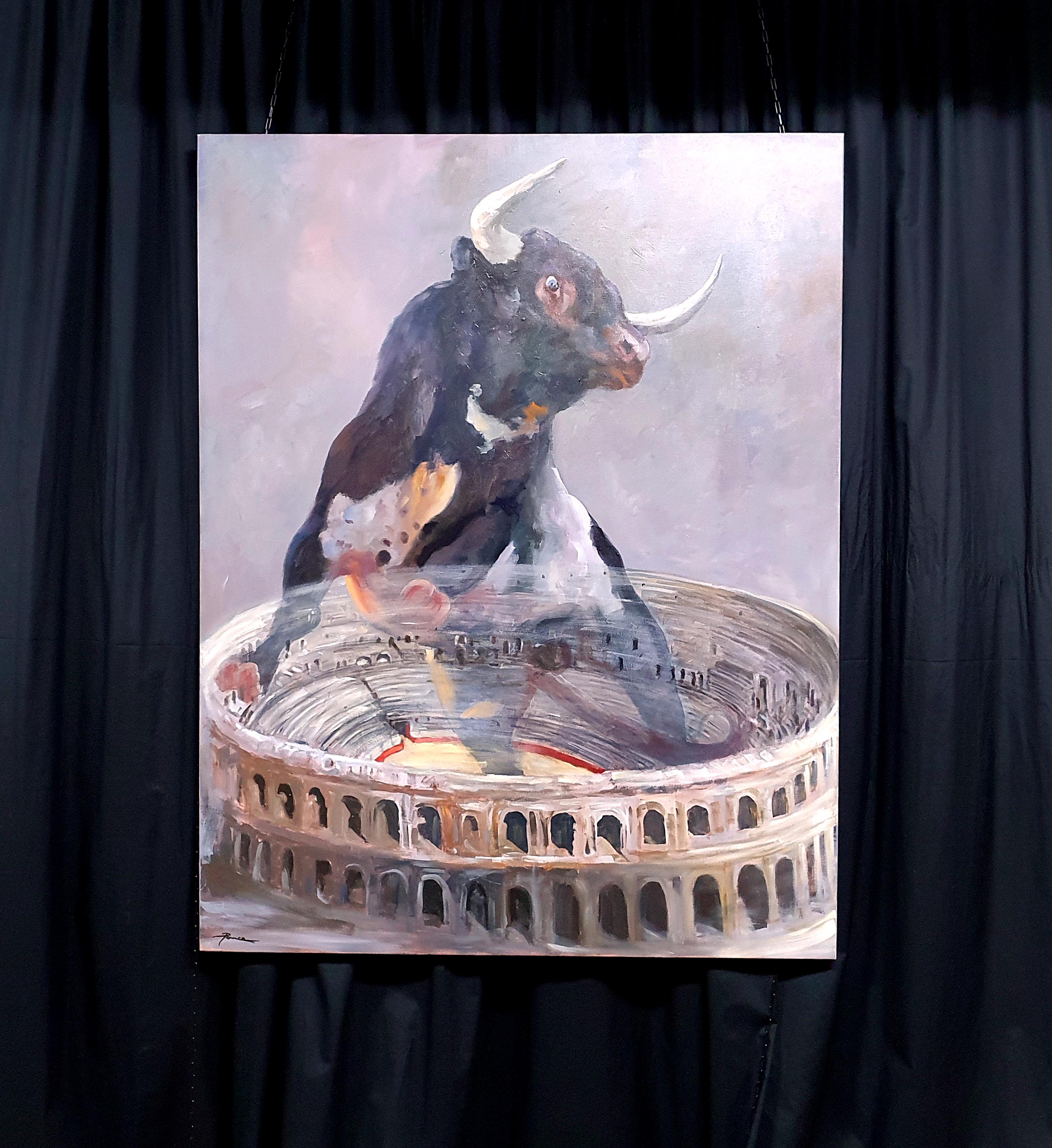 Toro de nimes - Gray Figurative Painting by José Luis Pagador Ponce