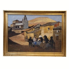 Óleo sobre lienzo "Pueblo castellano" de Castilviejo, costumbrismo, años 80 España