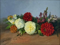 Floral Still Life with Roses, 19th Century Spanish Oil Painting