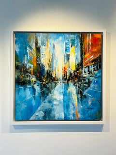 « NYC Rain III » – Peinture à l'huile sur toile, style impressionniste abstrait, signée, 90 x 90 cm