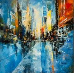 « NYC Rain III » – Peinture à l'huile sur toile, style impressionniste abstrait, signée, 90 x 90 cm