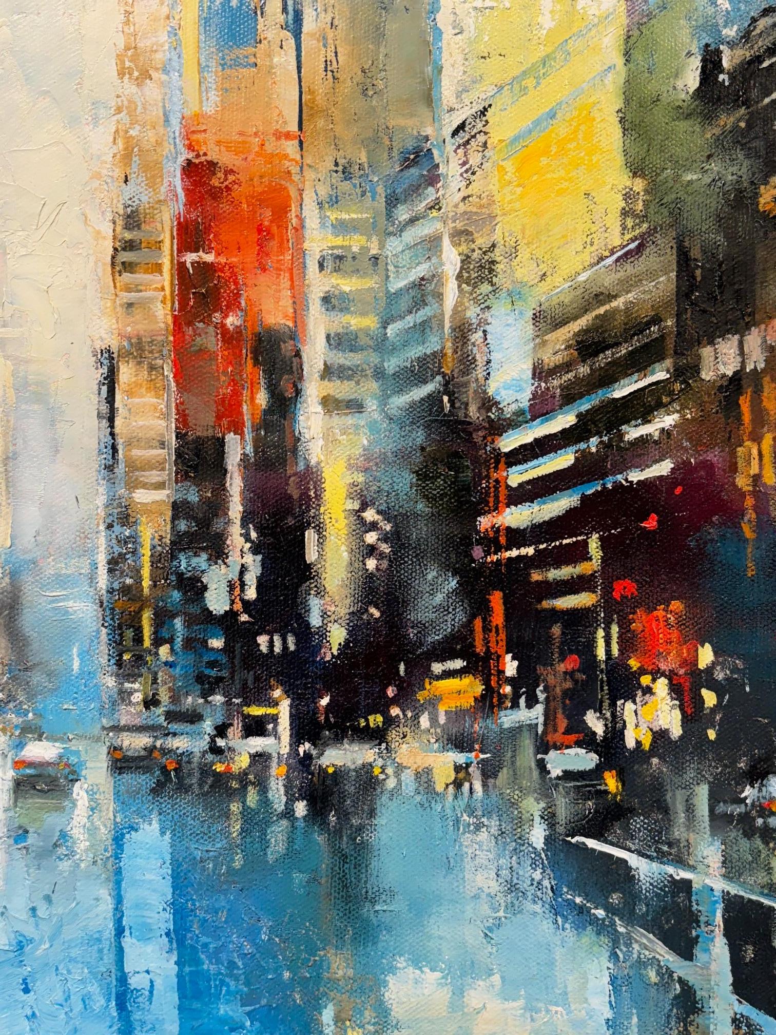 NYC Rain III - quadro originale di impressionismo astratto - arte contemporanea - Abstract Painting Blu di José Martinez 
