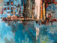 Yellow Cab Turns Right-quadro originale di impressionismo astratto-arte contemporanea