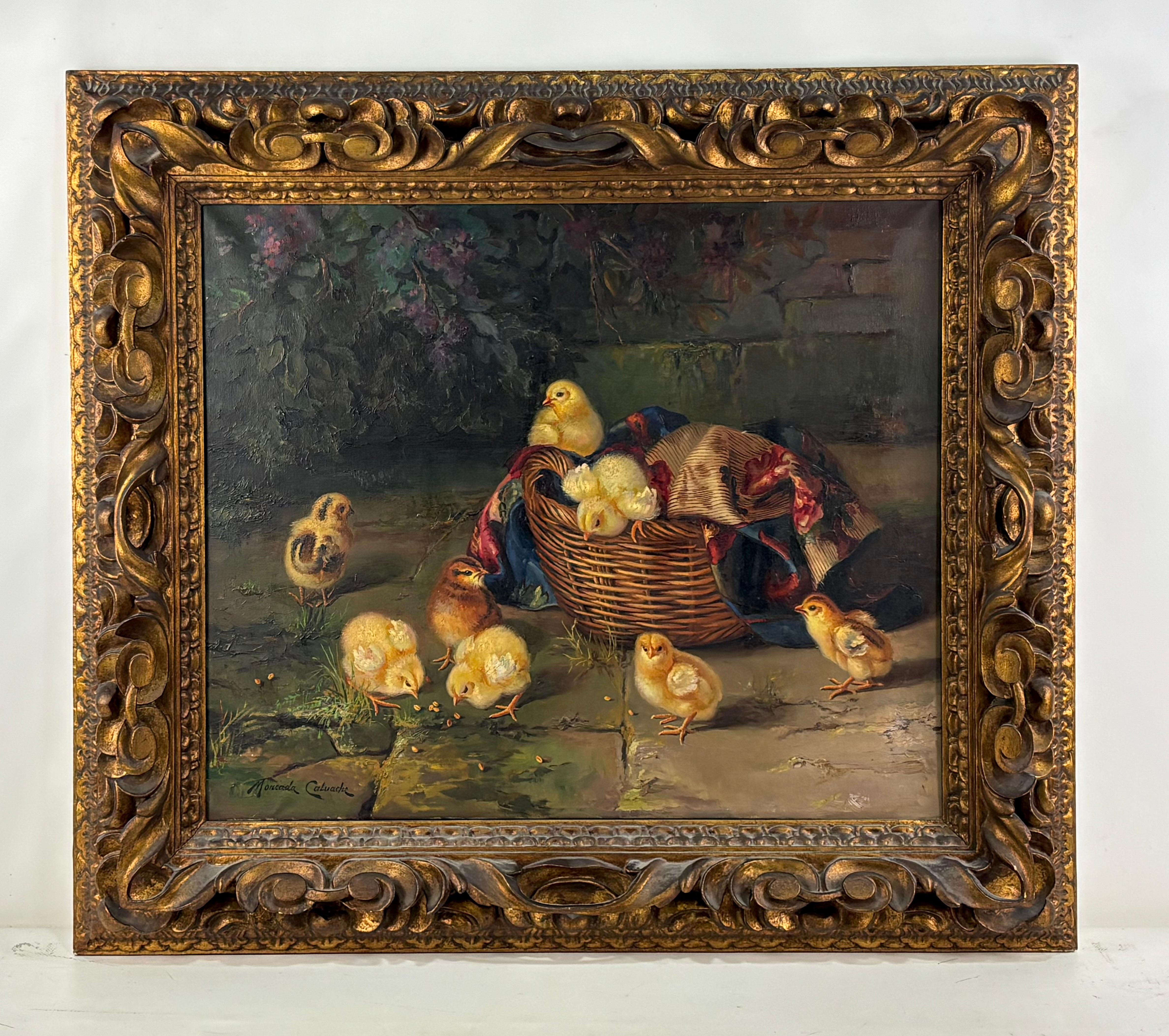 Chicks in the Basket – Oil on Canvas - Painting by José Moncada Calvache