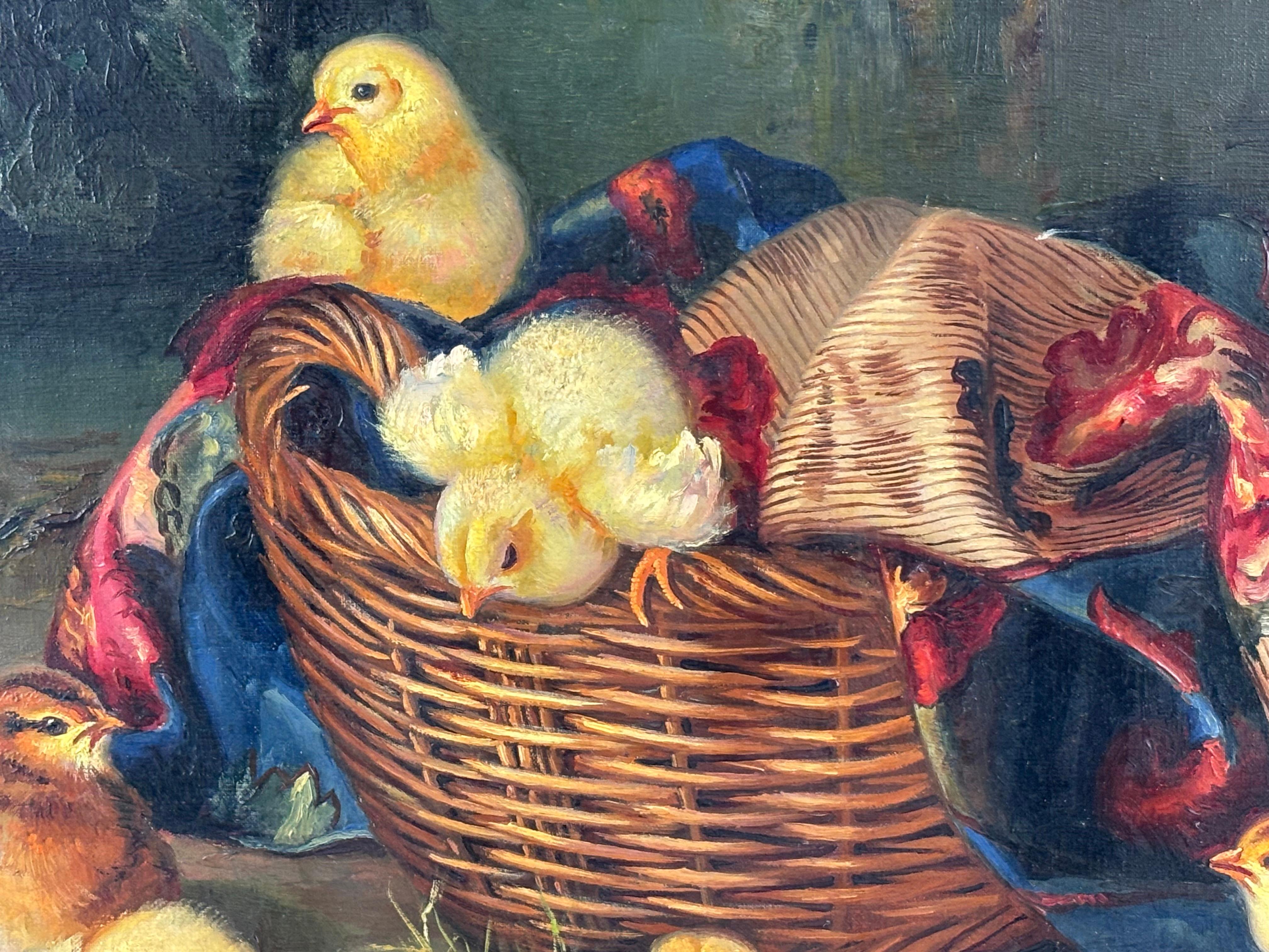 Chicks in the Basket – Oil on Canvas - Realist Painting by José Moncada Calvache