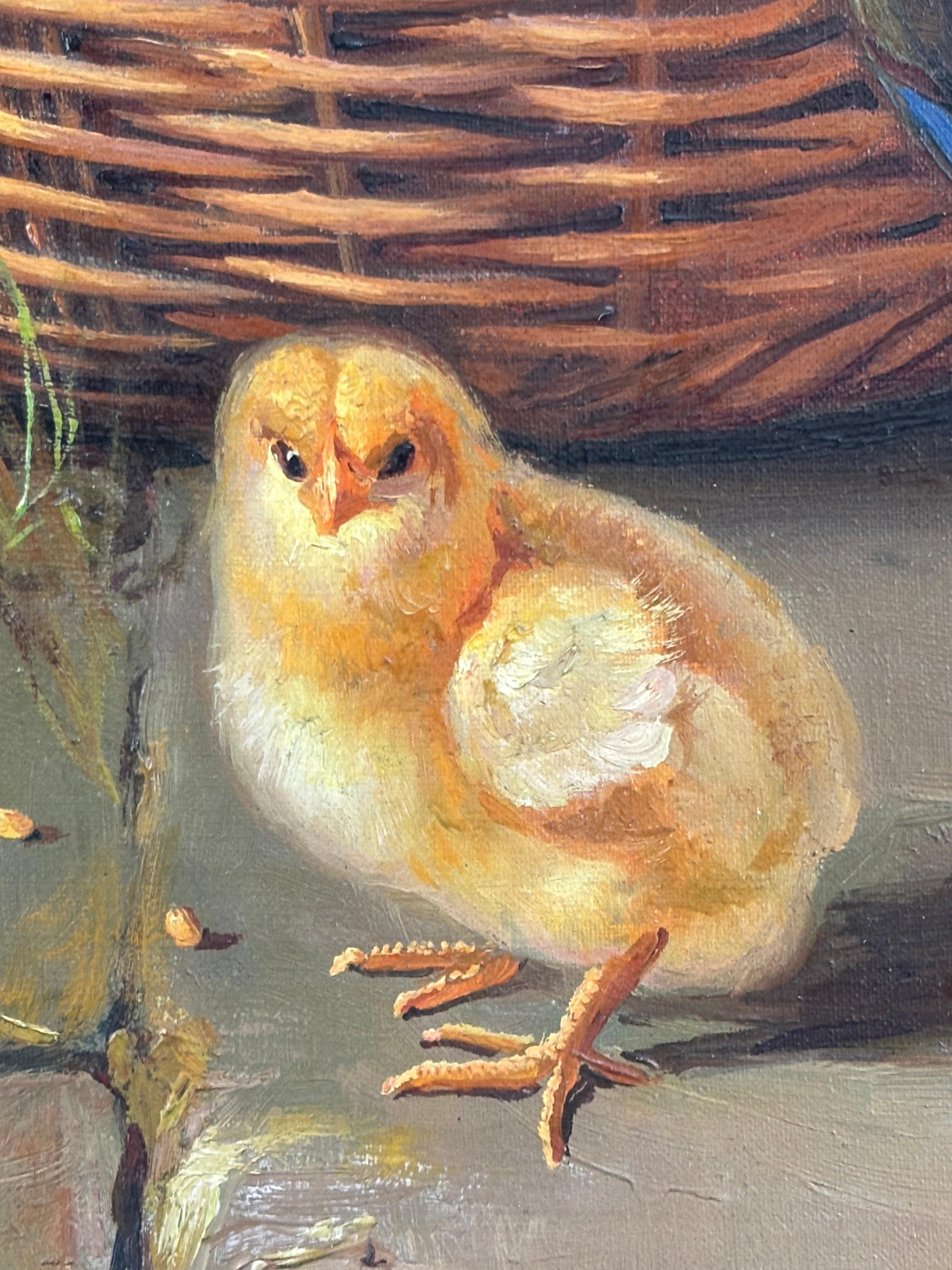 Chicks in the Basket – Oil on Canvas - Gray Animal Painting by José Moncada Calvache