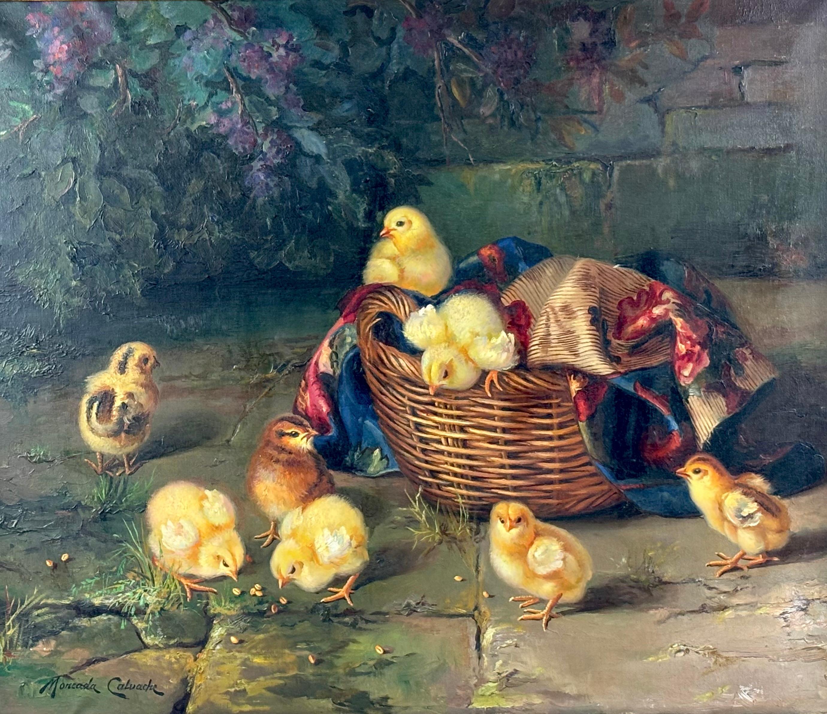 José Moncada Calvache Animal Painting - Chicks in the Basket – Oil on Canvas