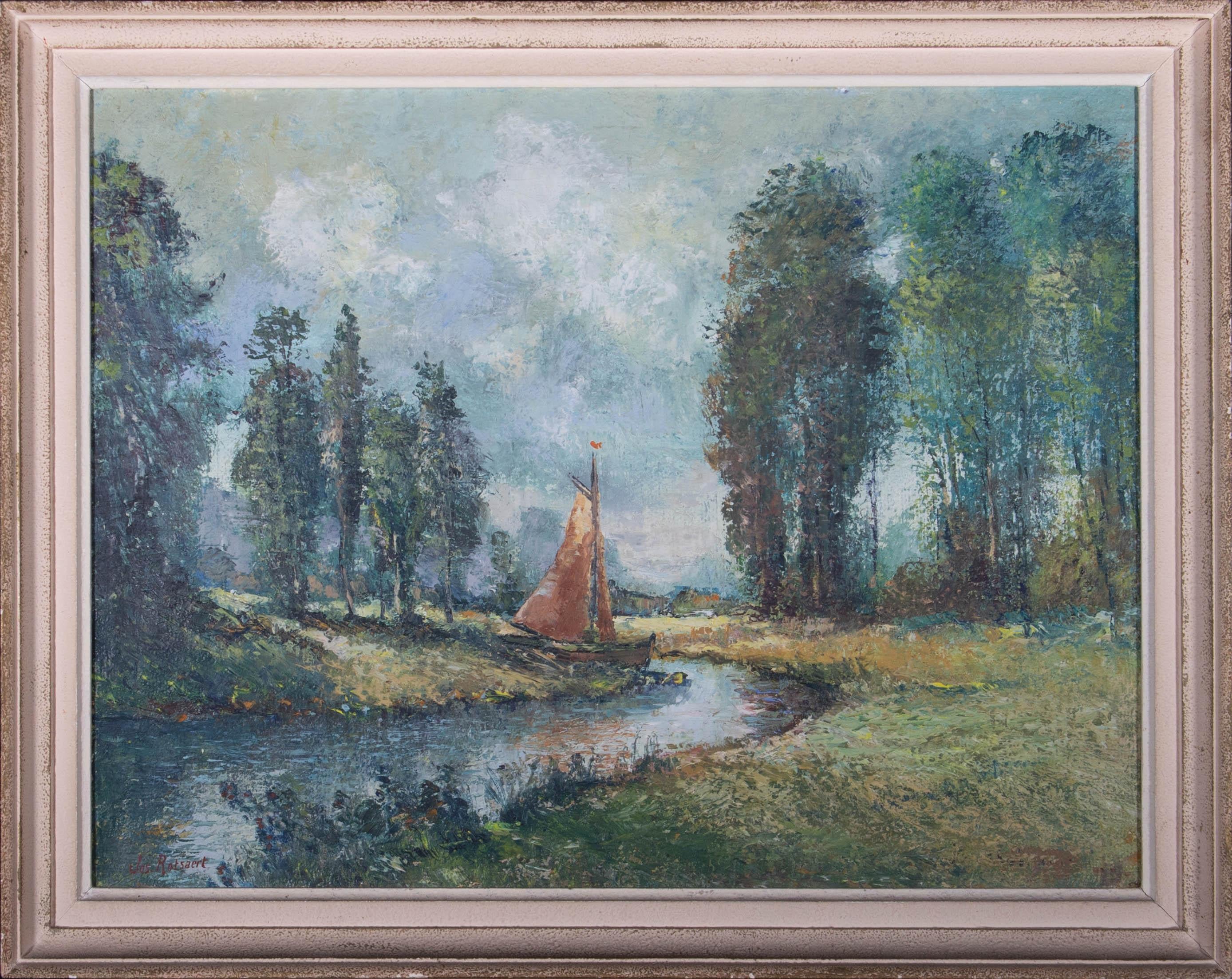 A landscape depicting a winding river with a sailing boat beached on the left bank, rendered with an impressionistic application of paint. Presented in a textured and distressed gold and cream painted frame. The artist has painted over their