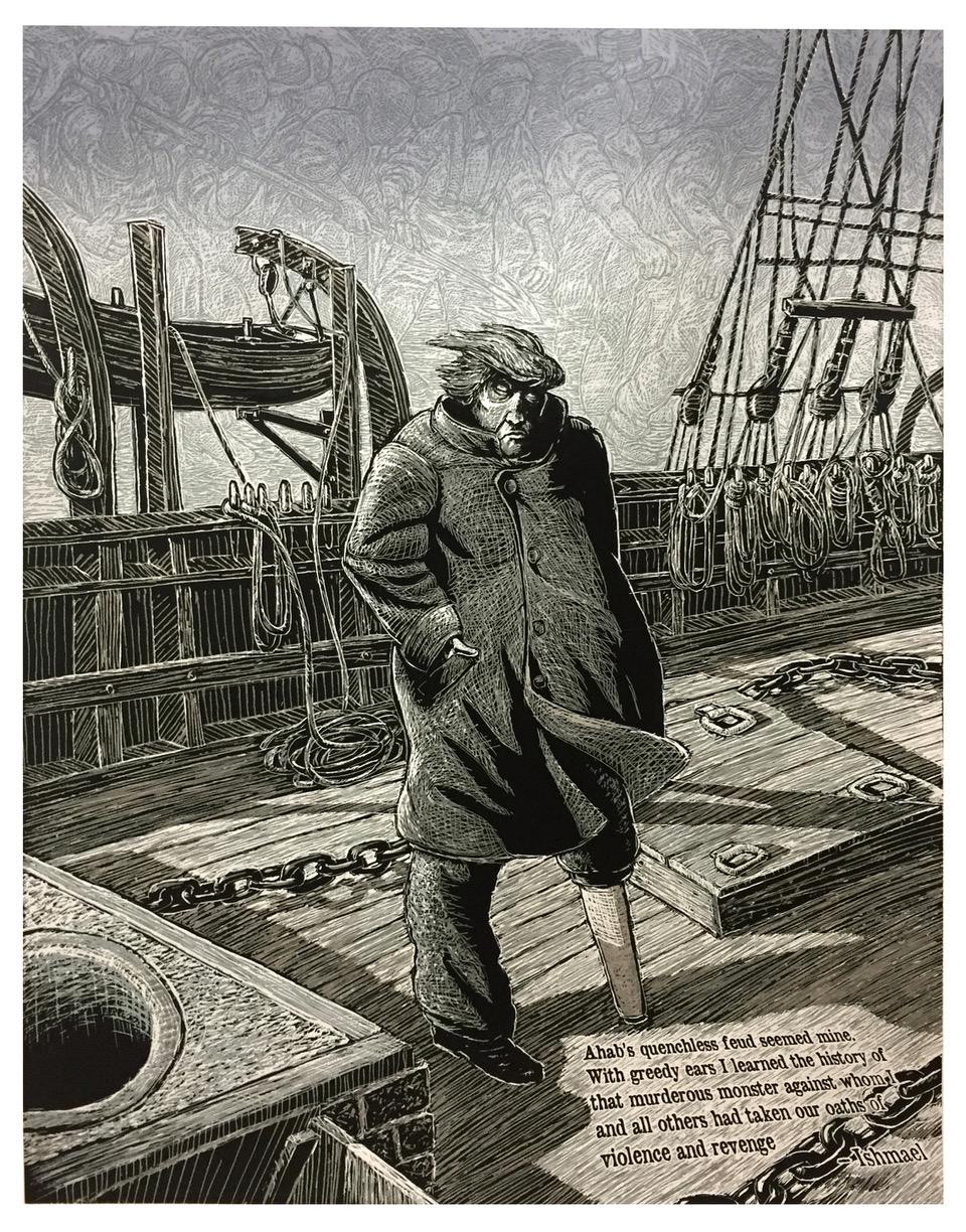In this compelling portrait titled Ahab, acclaimed artist Jos Sances channels the psychological intensity of Herman Melville’s iconic anti-hero from Moby-Dick. The print presents a brooding, weatherworn Captain Ahab standing firmly on the deck of