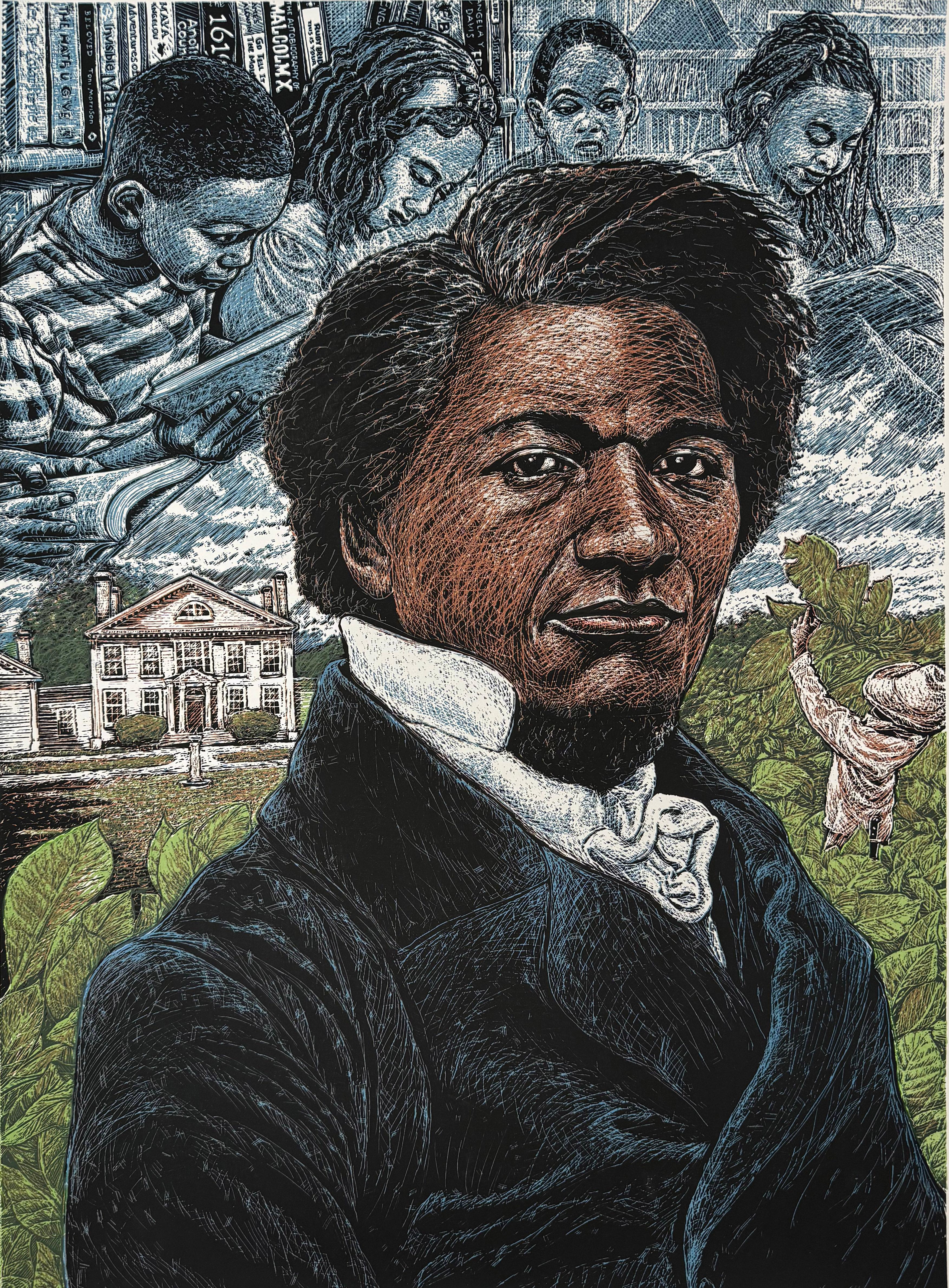 Porträt von Frederick Douglas. Als ehemaliger Sklave wurde er zu einem der berühmtesten Abolitionisten und einer der führenden Köpfe der afroamerikanischen Bürgerrechtsbewegung im 19. 

Medium: Siebdruck
Jahr: 2023
Bildgröße: 20 x 15
