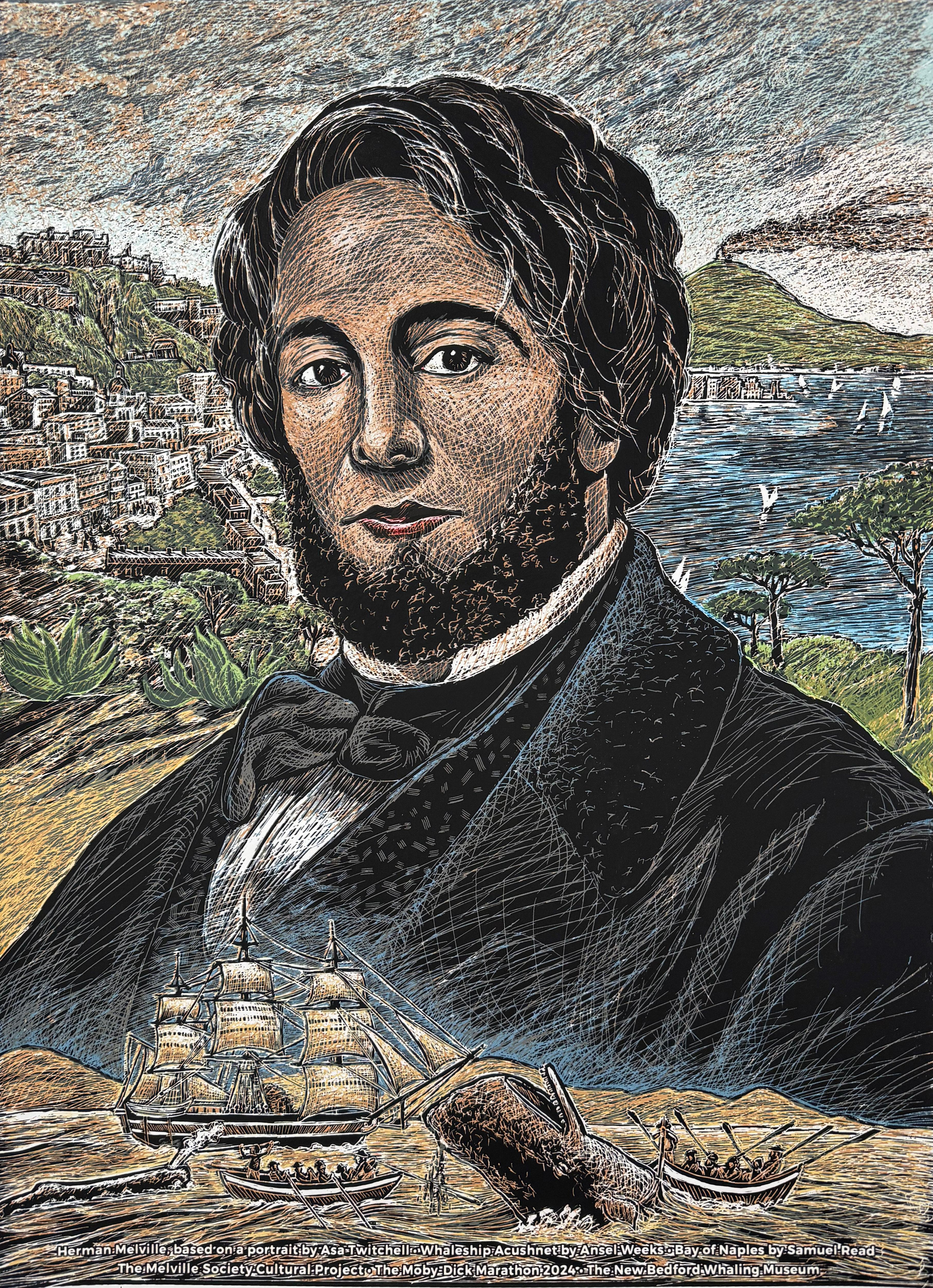 Portrait of Henry Melville, author of Moby Dick. The portrait is a companion piece to Or, The Whale (2019-20), a 14-by-51 foot scratchboard mural detailing the history and cost of American capitalism through the image of the whale. 

Medium: