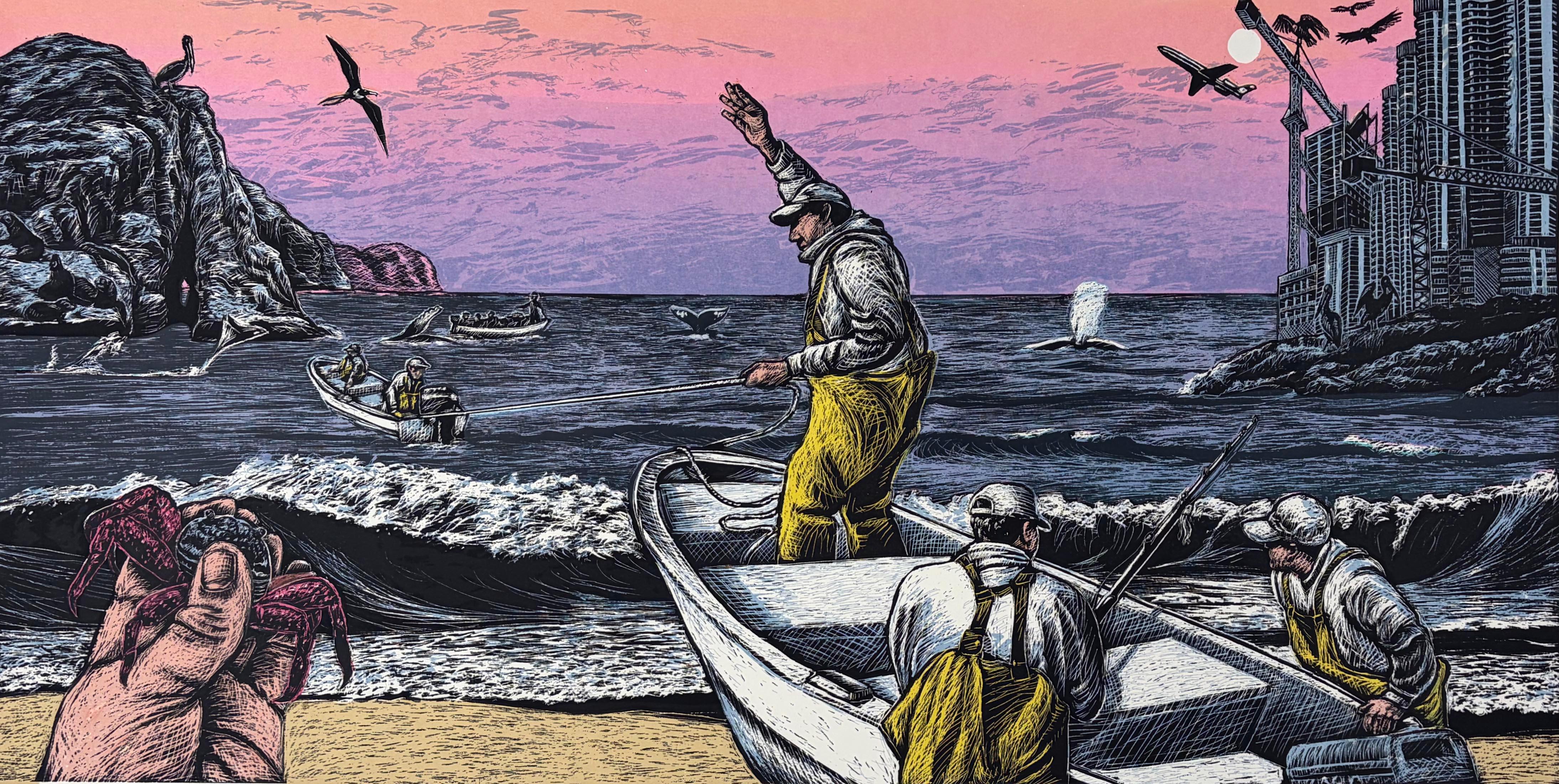 Medium: 8 color Screenprint
Year: 2023
Image Size: 16 × 32 inches
Edition of 18

Pangas Launch from Punta Lobos by Jos Sances is a vivid contemporary woodcut that captures the tension between traditional labor and modern encroachment. Fishermen in