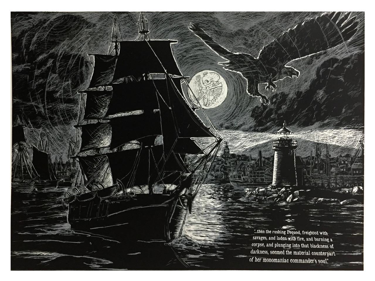 In Pequod, artist Jos Sances offers a visually powerful interpretation of a climactic moment from Herman Melville’s Moby-Dick. Rendered with meticulous detail, the scene depicts the doomed whaling ship Pequod sailing into a stormy harbor beneath a