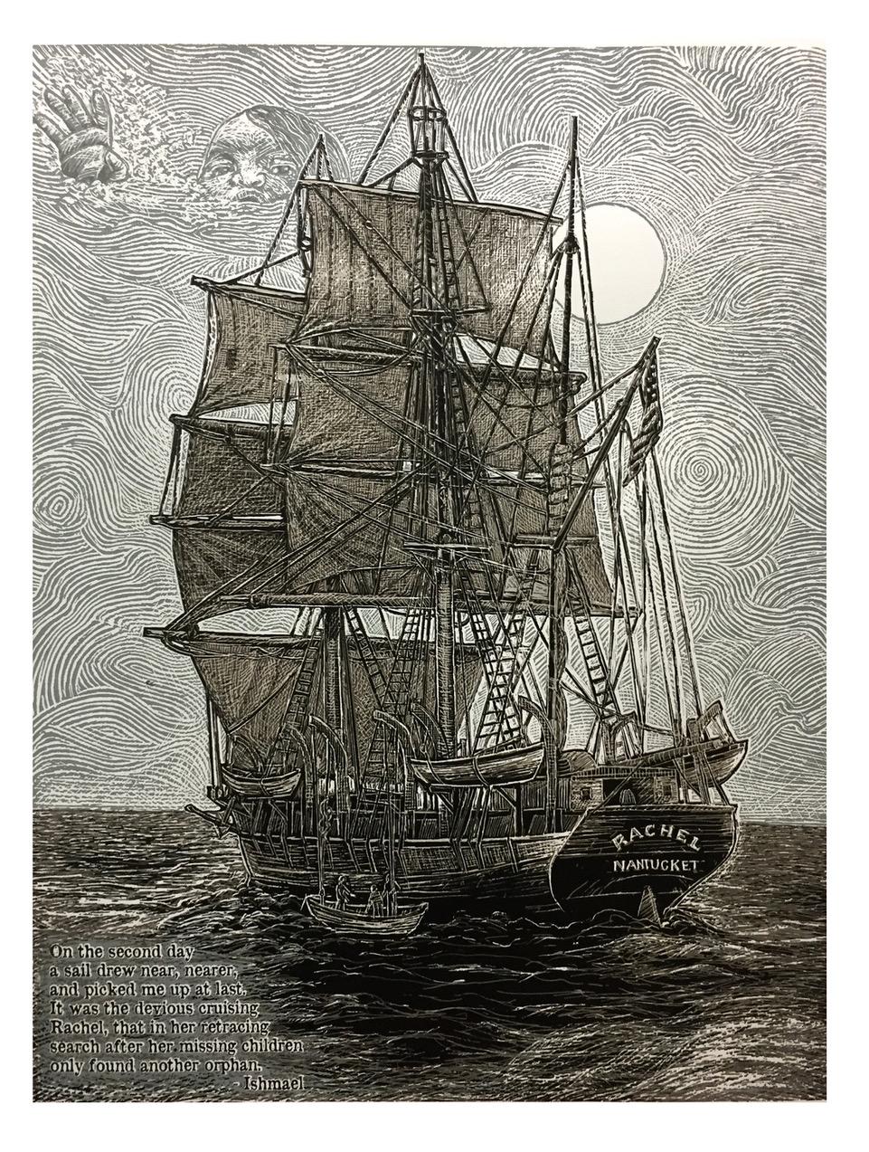 Jos Sances' screenprint "Rachel" serves as a poignant tribute to the themes explored in Herman Melville's Moby Dick. The artwork depicts the whaling ship Rachel, a vessel steeped in the narrative of the novel, known for its tragic role in the quest