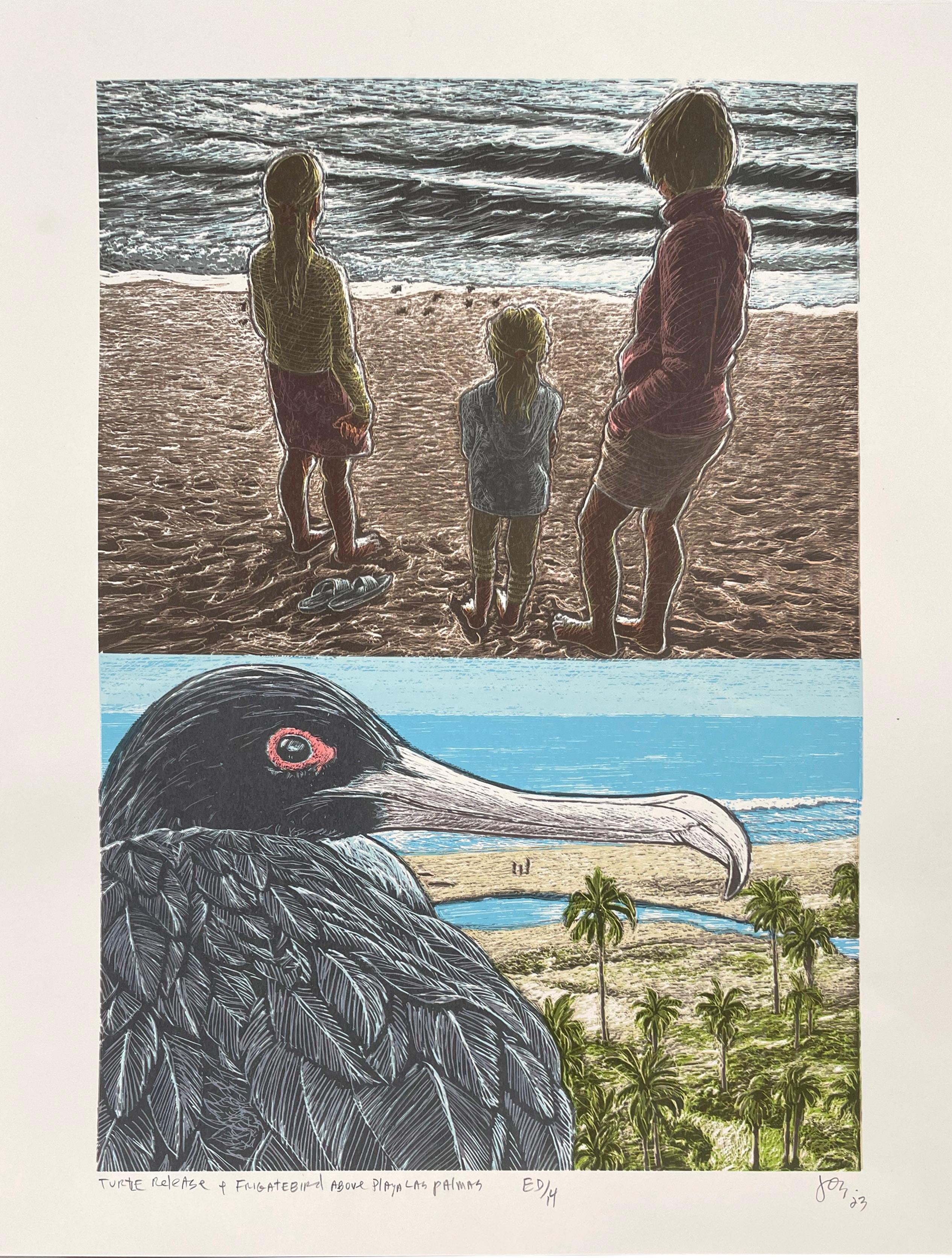 Turtle Release + FrIgate Bird Above Playa las Palmas - Print by Jos Sances