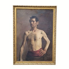 Olio realistico su tela, Ritratto di torso maschile nudo, Spagna di J Acevedo