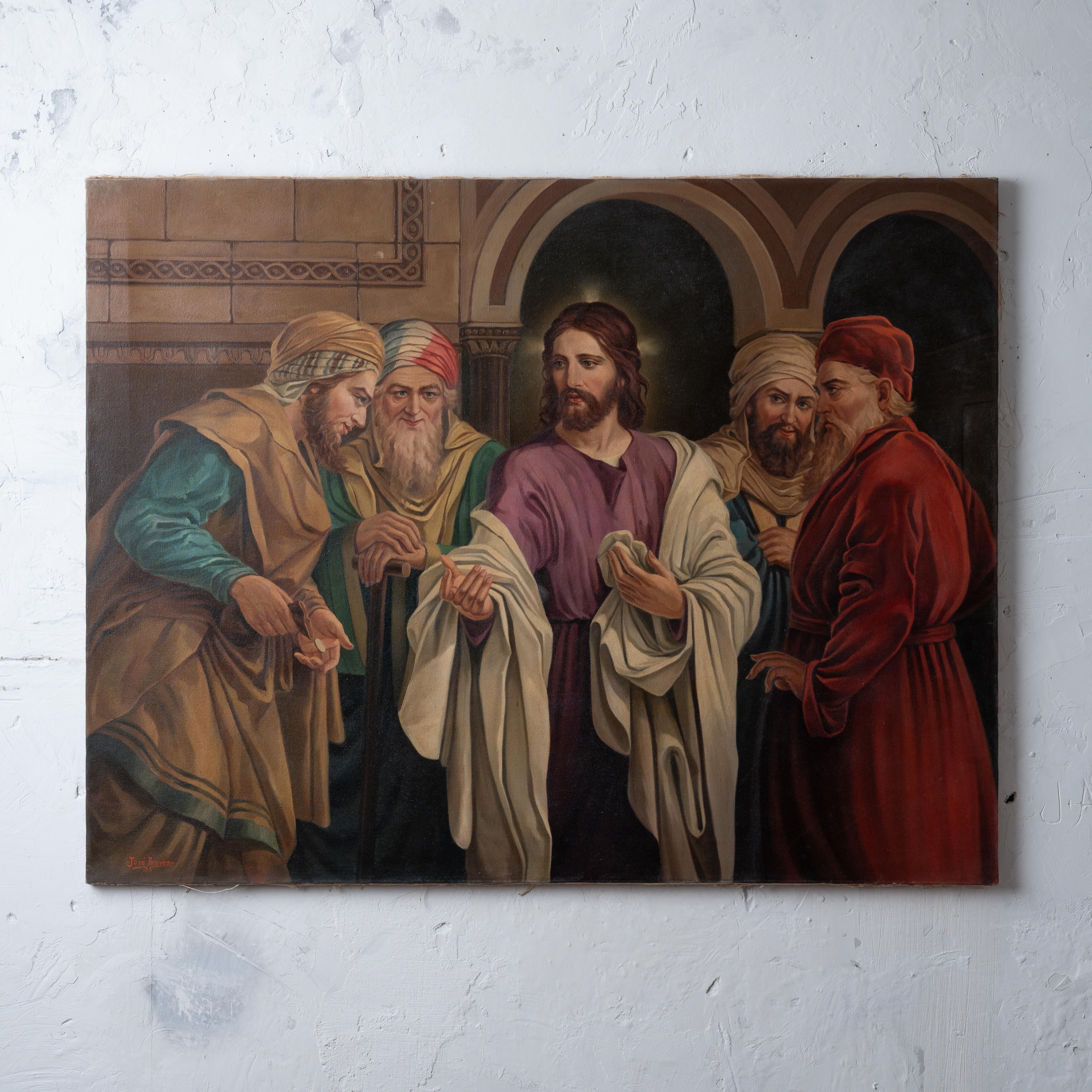 José Aceves
(Amerikaner, 1909-1968)

Ein Öl auf Leinwand, das die Szene mit Christus und der Münze aus den synoptischen Evangelien Matthäus 22, Markus 12 und Lukas 20 darstellt: 