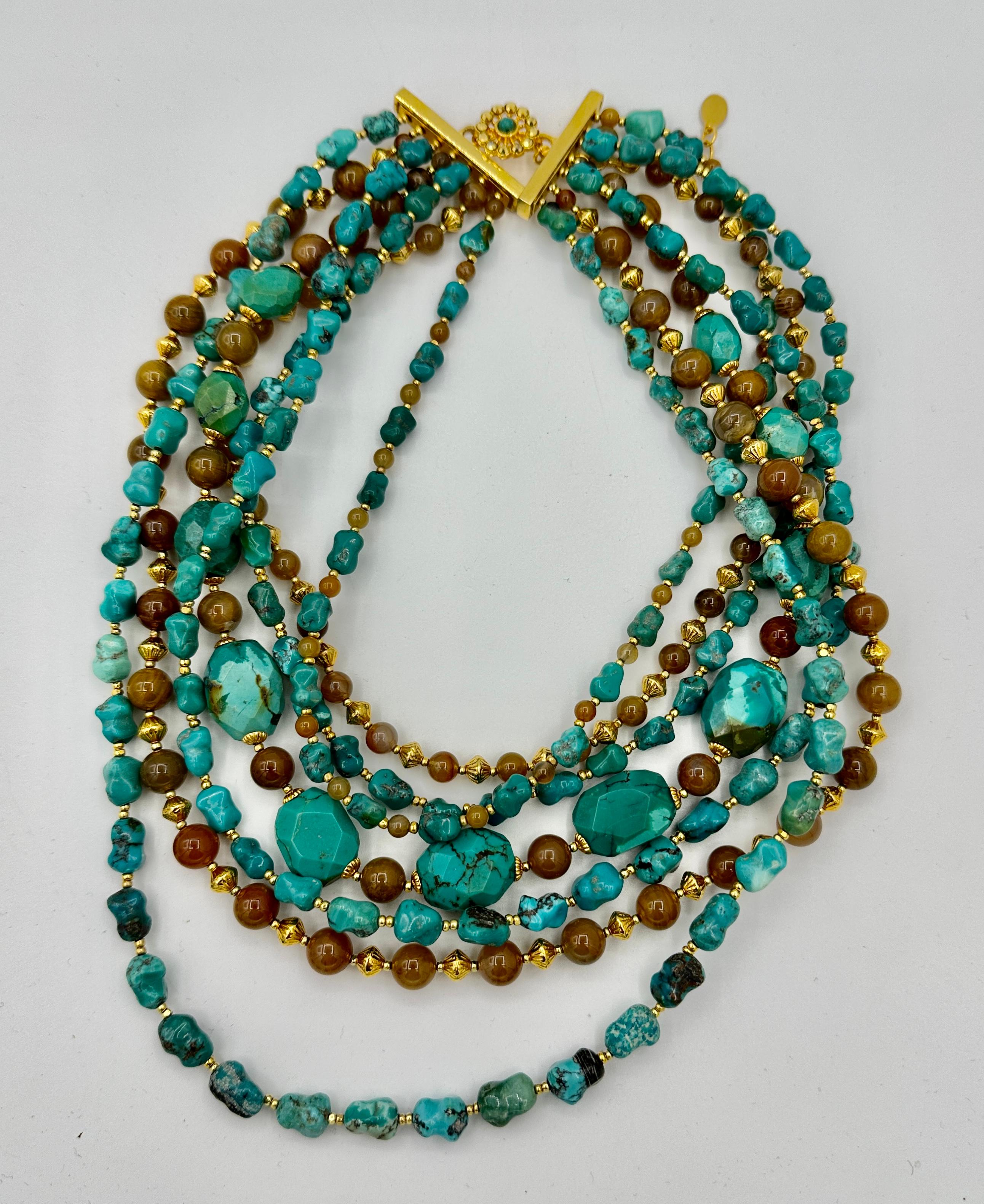 Indulge in a stunning runway Necklace by Jose and Maria Barrera with Turquoise, Carnelian and Agate and from the estate of legendary Hollywood writer Jackie Collins.  The dramatic multi-strand necklace by Barrera has 7 wonderful strands of