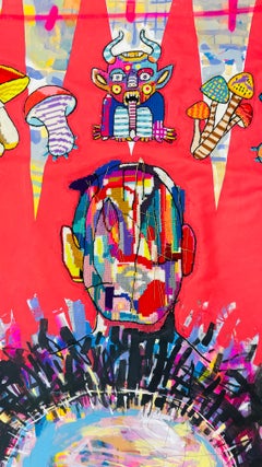 "Ceremonia" contemporary embroidery on red canvas figurative portrait mushrooms