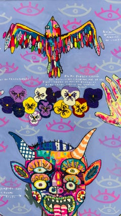 "Diablito" contemporary embroidery on canvas figurative mexican diablo