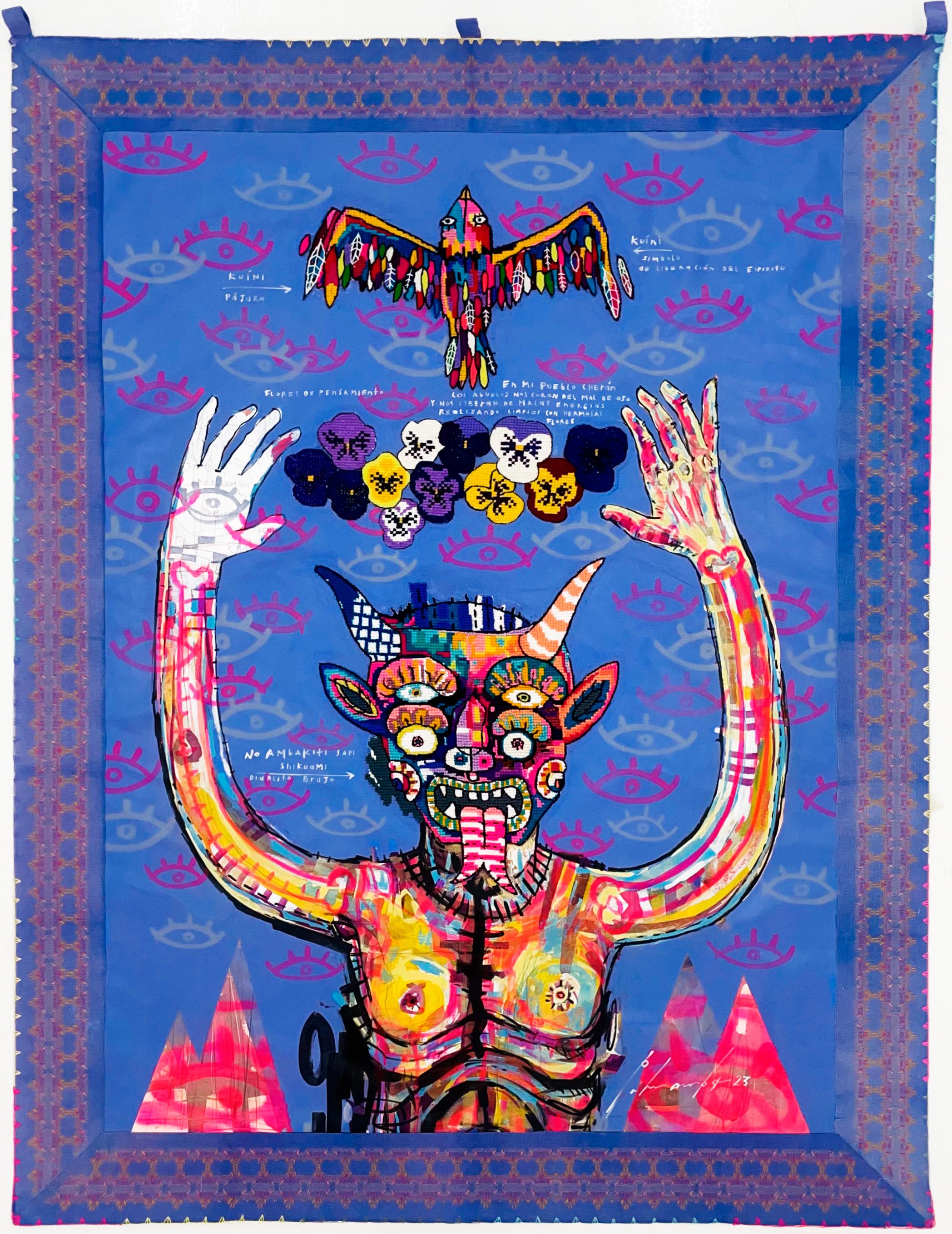 "Diablito" contemporary embroidery on canvas figurative mexican diablo - Art by Jose Angel Pahuamba