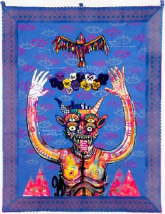 "Diablito" contemporary embroidery on canvas figurative mexican diablo