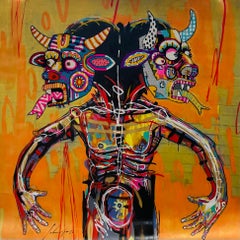 }"Danzante con dos máscaras" peinture figurative acrylique contemporaine
