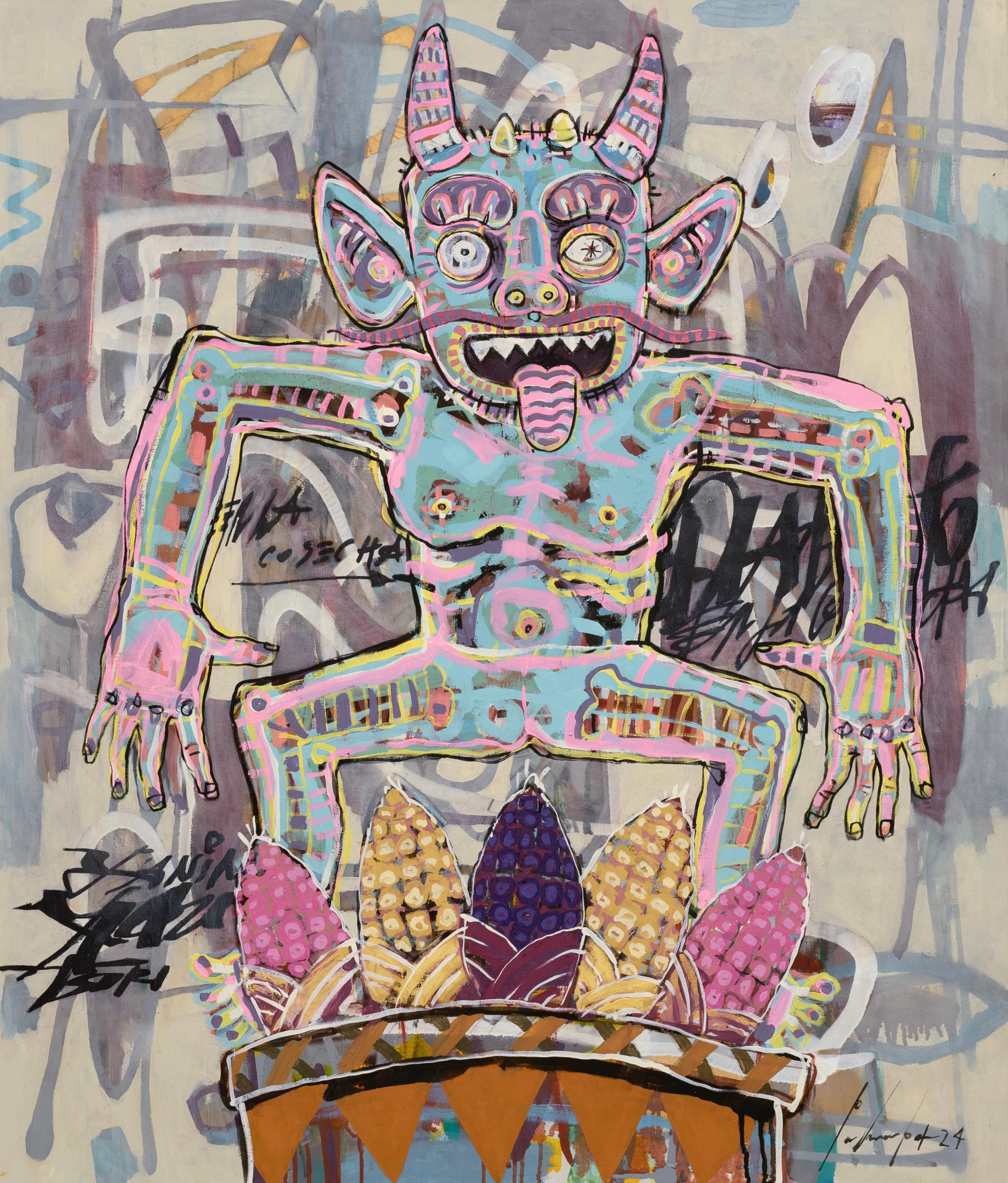 "Diablito con canasto de maíz" contemporaneo, messicano, olio, figurativo