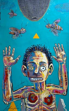 Nid d'abeilles, acrylique et spray, 120 x 75 cm, art populaire, 2023