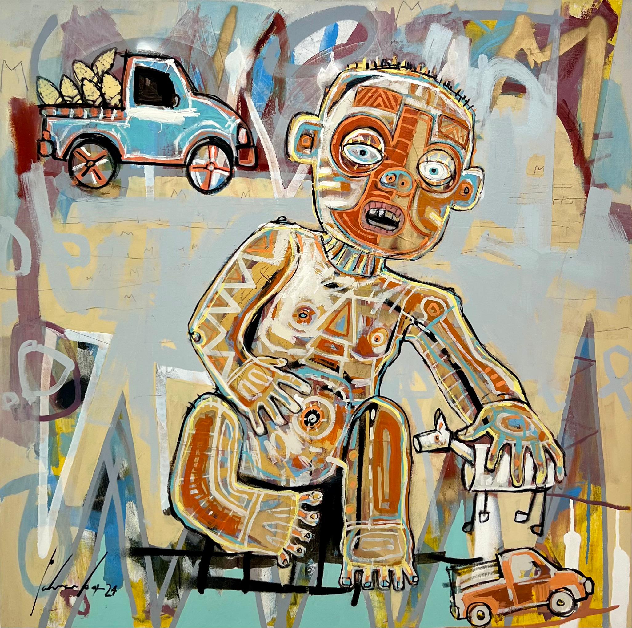 Figurative Painting di Jose Angel Pahuamba - "Jugando en la cosecha" acrilico, figurativo, arancione, messicano