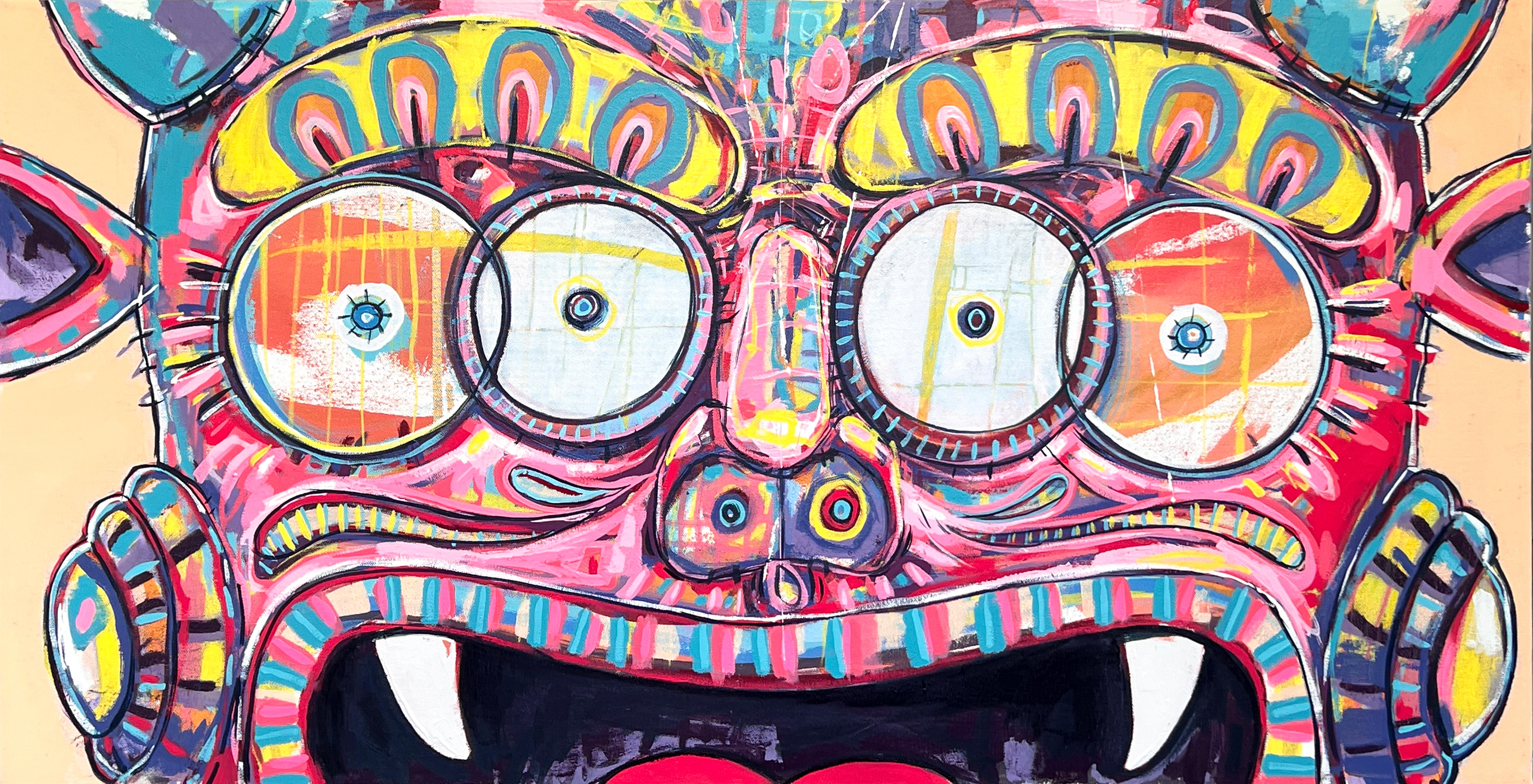 Jose Angel Pahuamba Interior Painting - Pink Diablito, Acrylic Painting, 50x97cm, Folk Art , 2025