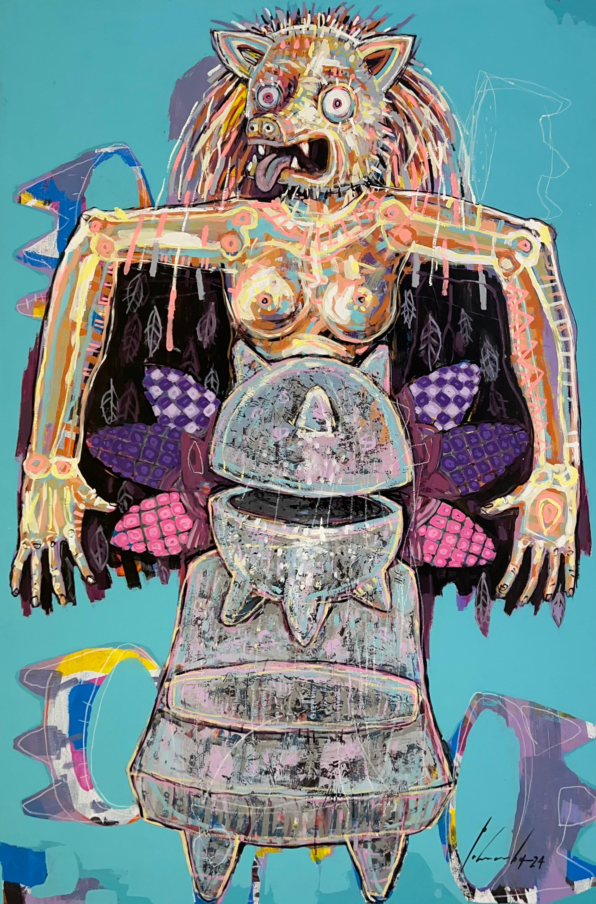 Jose Angel Pahuamba Figurative Painting - "Sikuamiecha" oil, acrylic, figurative, blue, Mexican