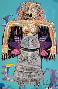 "Sikuamiecha" oil, acrylic, figurative, blue, Mexican