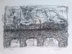 Bridge and River Lithography Print, Abstract Expressionism, 21x28 cm