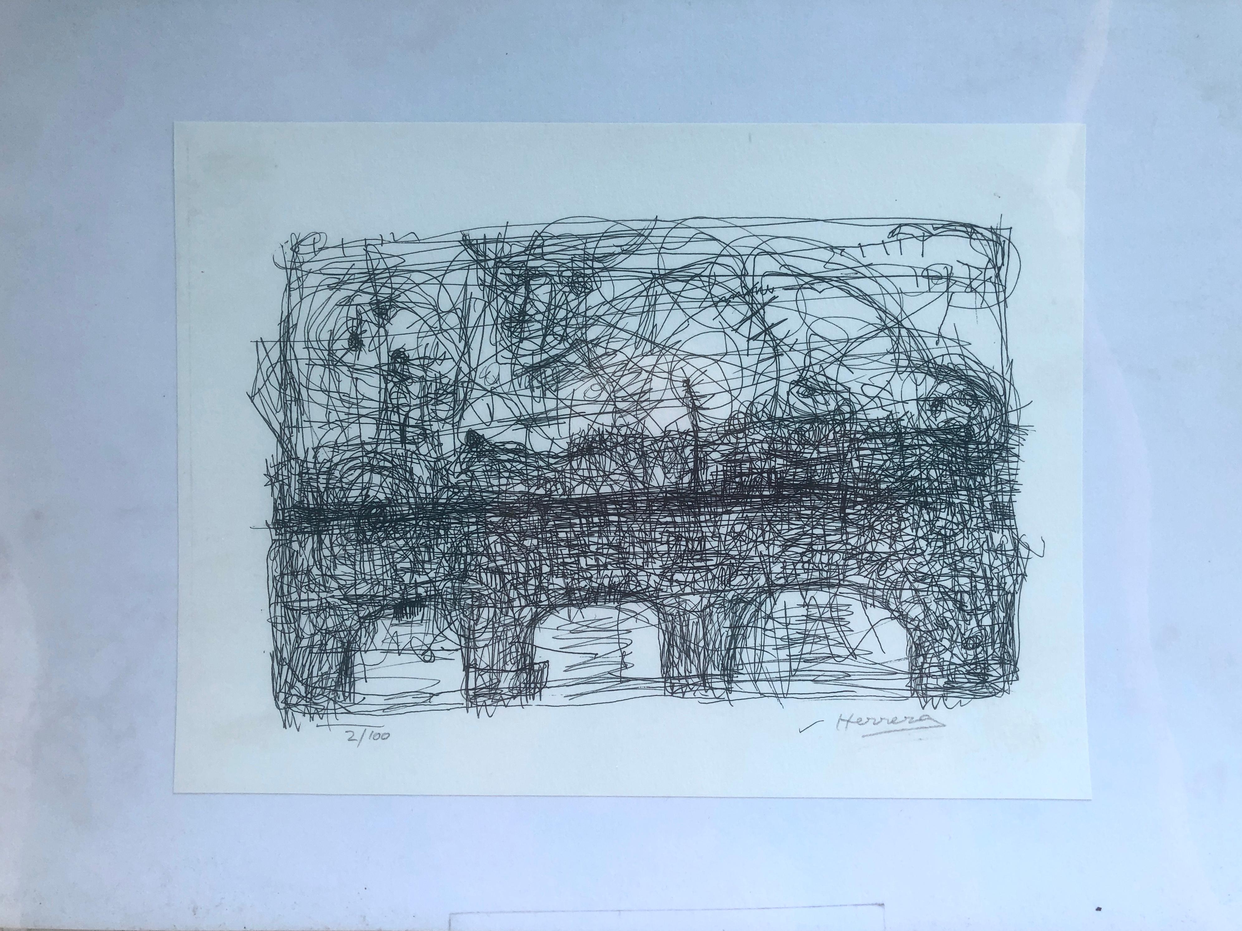 Jose Antonio Herrera Alcazar Abstract Print - bridge and river lithography artwork abstract expressionism